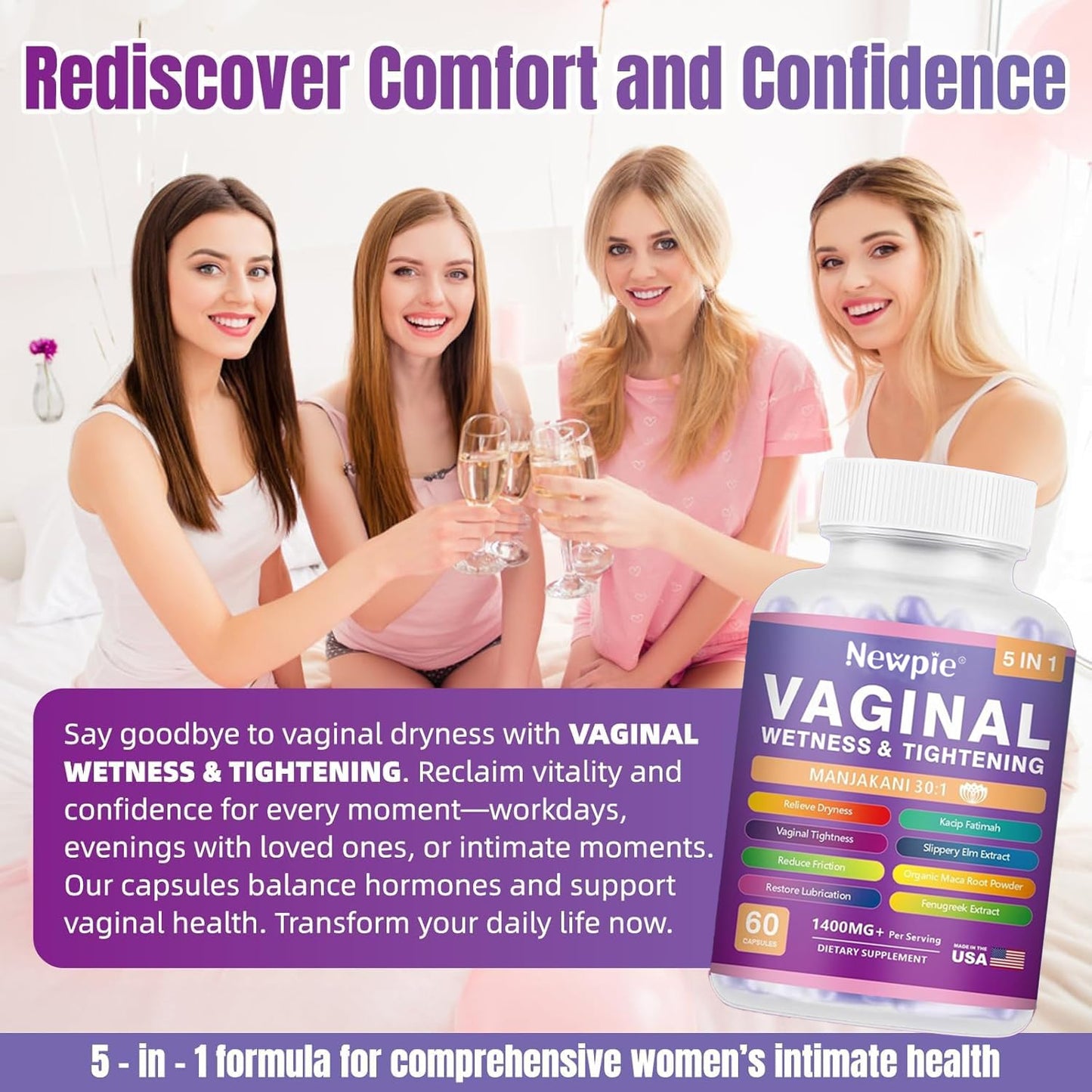 SUWENY Vaginal Moisturizer & Tightening Capsules - Kacip Fatimah 1,000mg & Manjakni 200mg, 60 Count