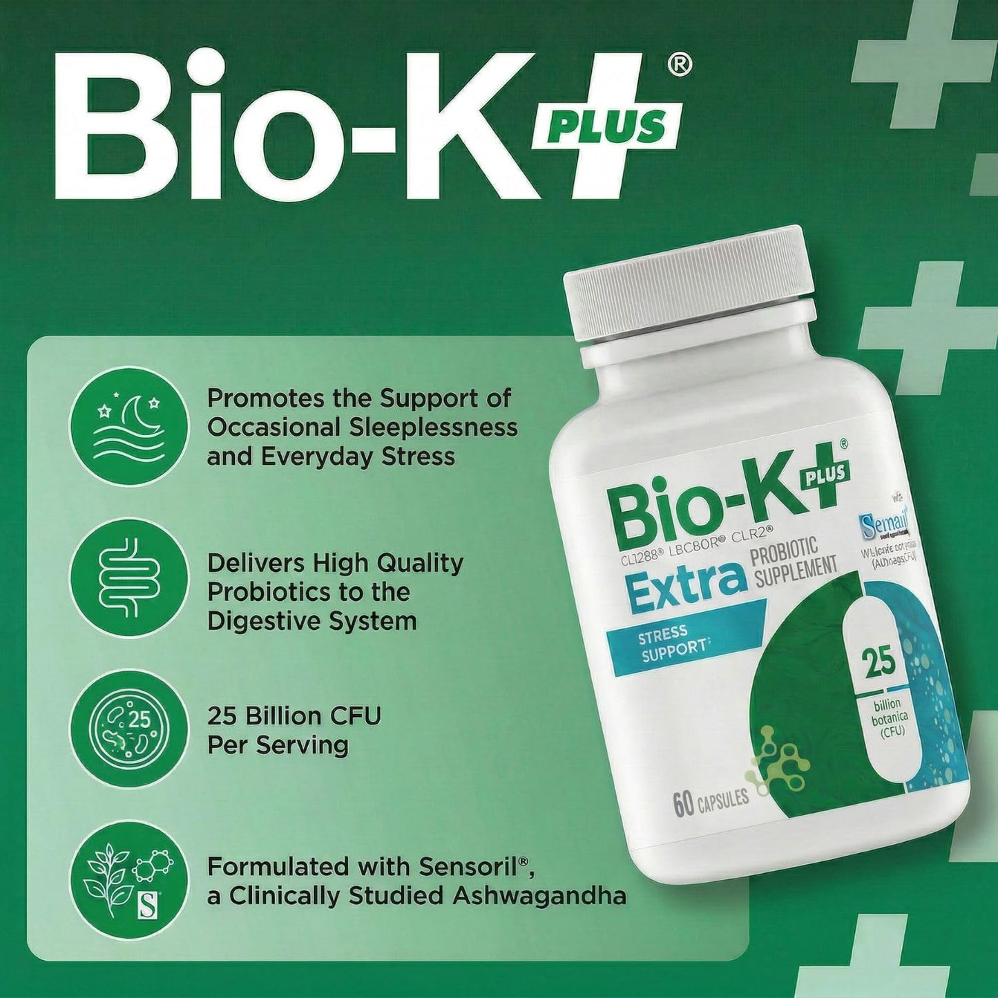 Bio-K Plus Stress Support Probiotic Sensoril®, 25B CFU, Vegan, 60 Capsules