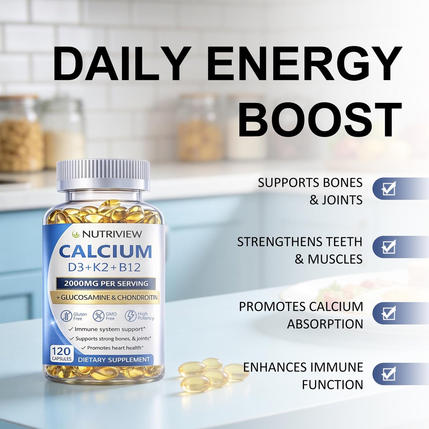 Uagain NutriView Calcium 2000mg with D3 & K2 High Absorption Bone Health Supplement for Women Softgels, 120 Count