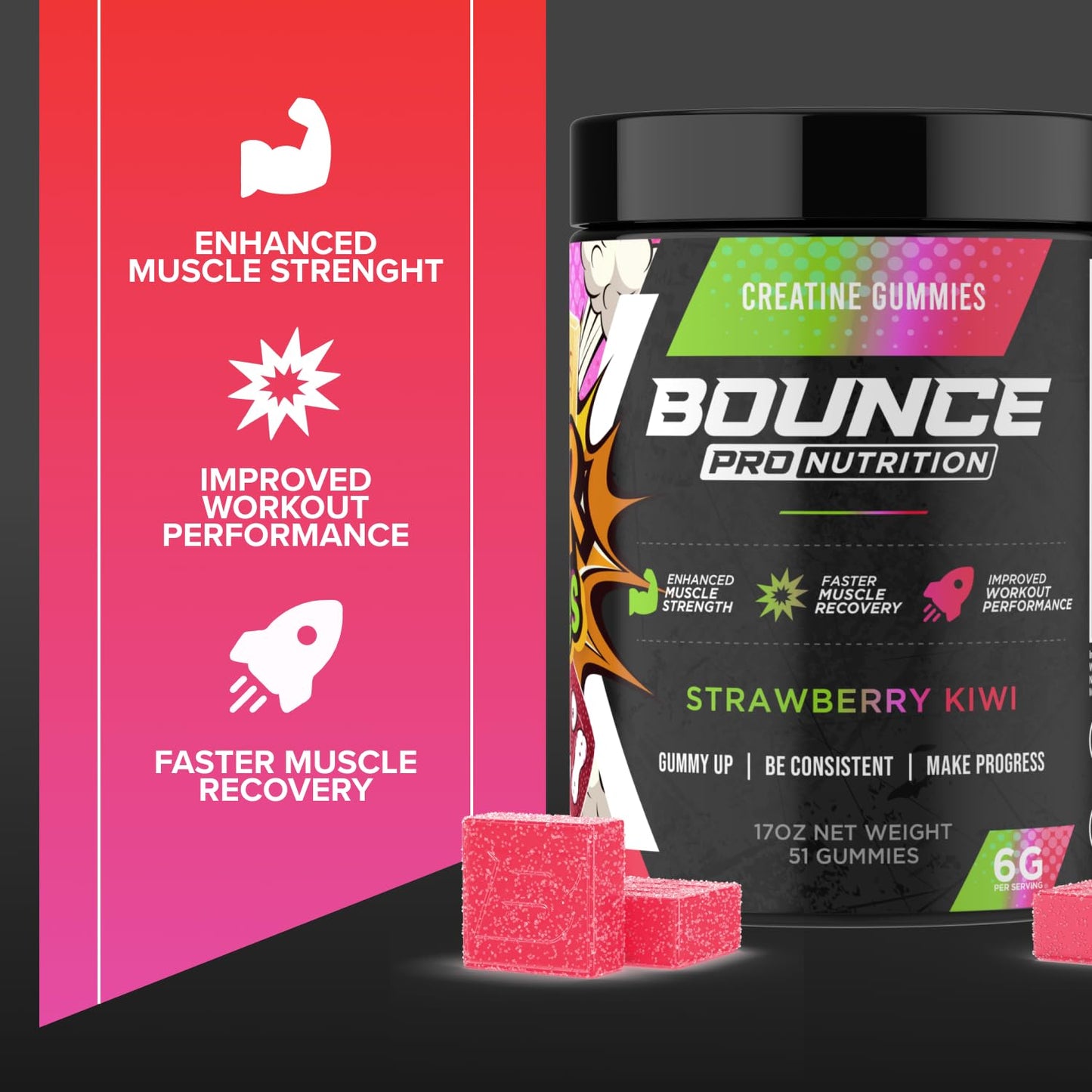 Bounce Pro Creatine Monohydrate Gummies, 51 Count (Pack of 1)