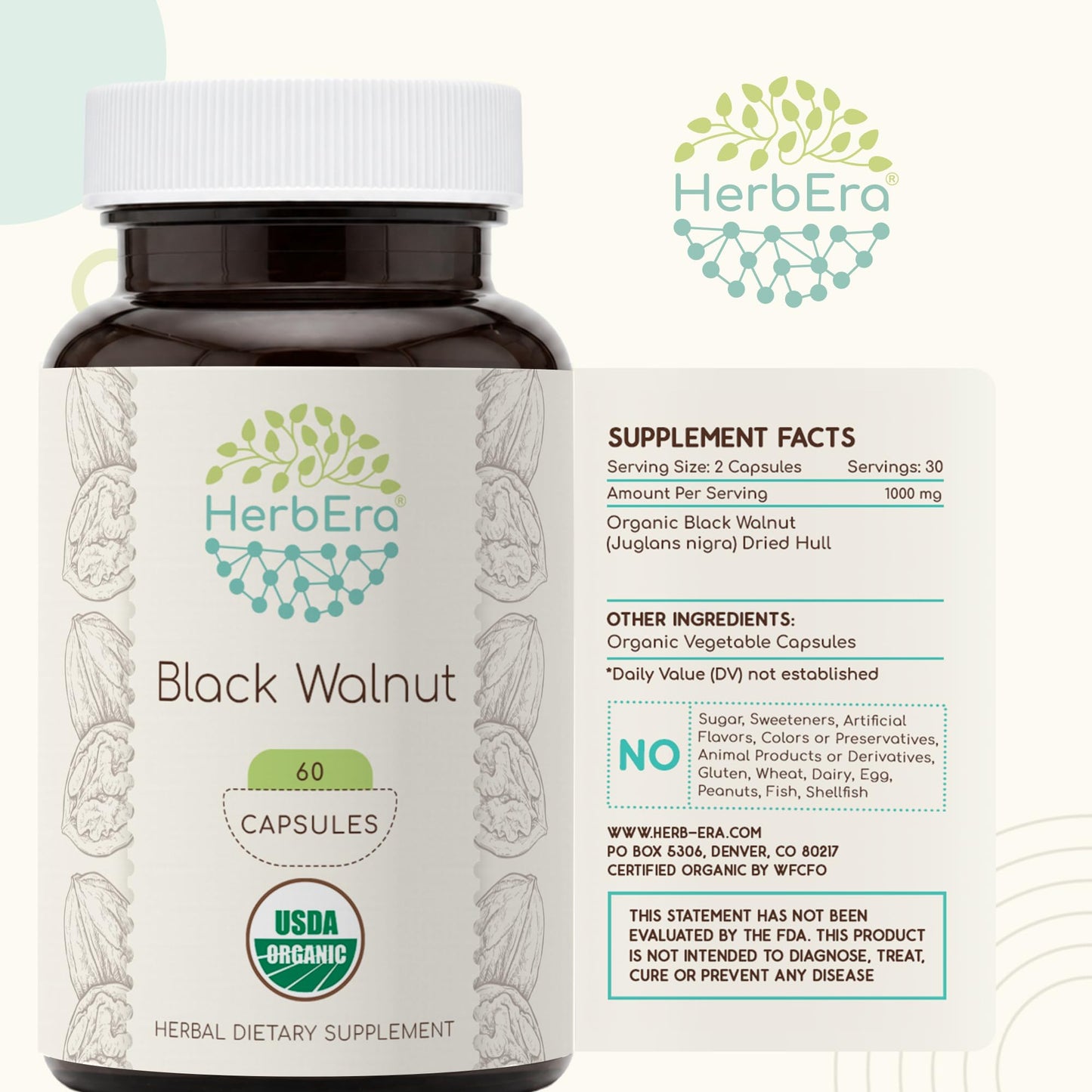 HerbEra Black Walnut 500 mg Capsules, USDA Organic Vegan, Digestive & Antioxidant Support, 60 Capsules