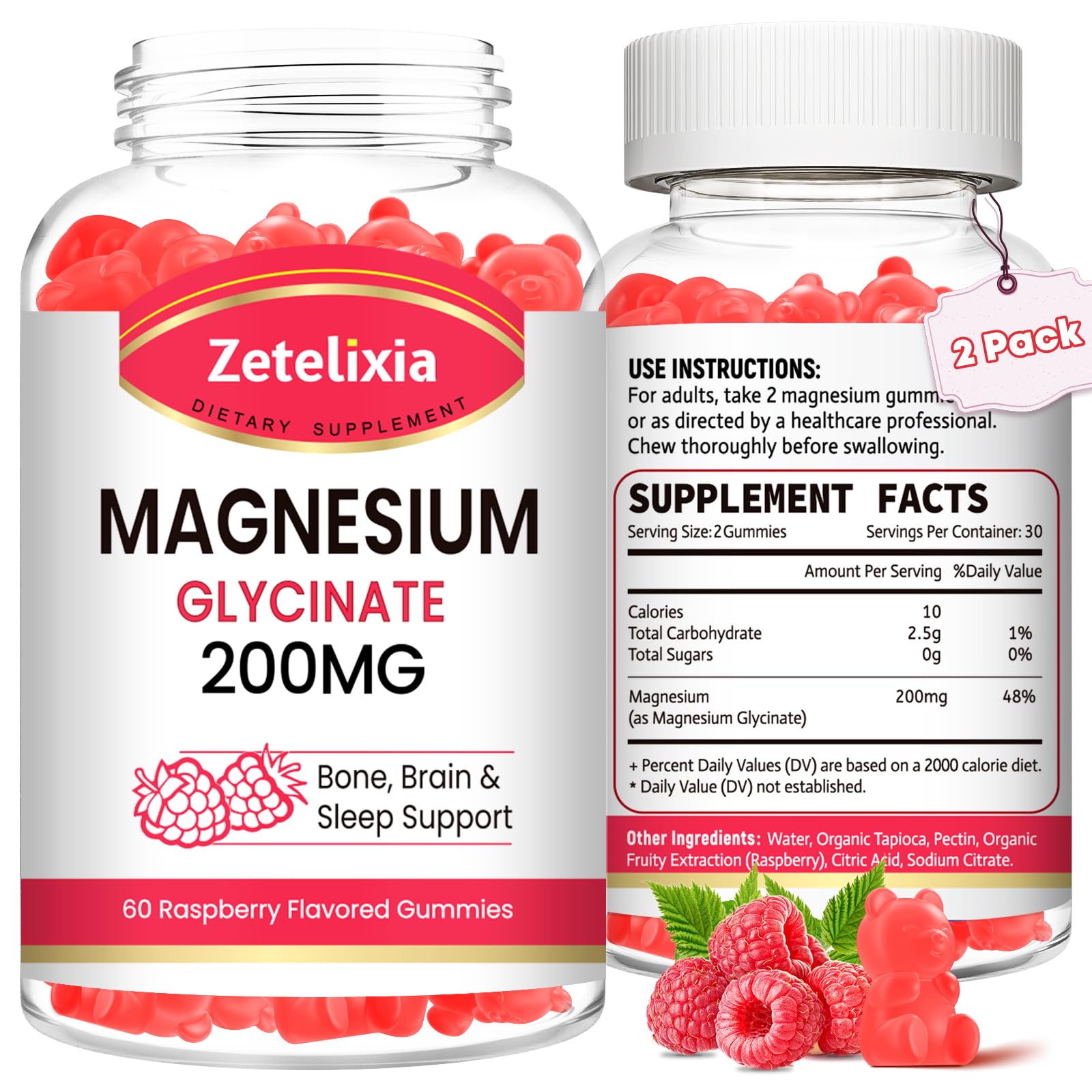 Zetelixia Magnesium Glycinate Gummies, High Absorption Magnesium Glycinate Supplements for Relaxation, Raspberry Flavor, 120 Count