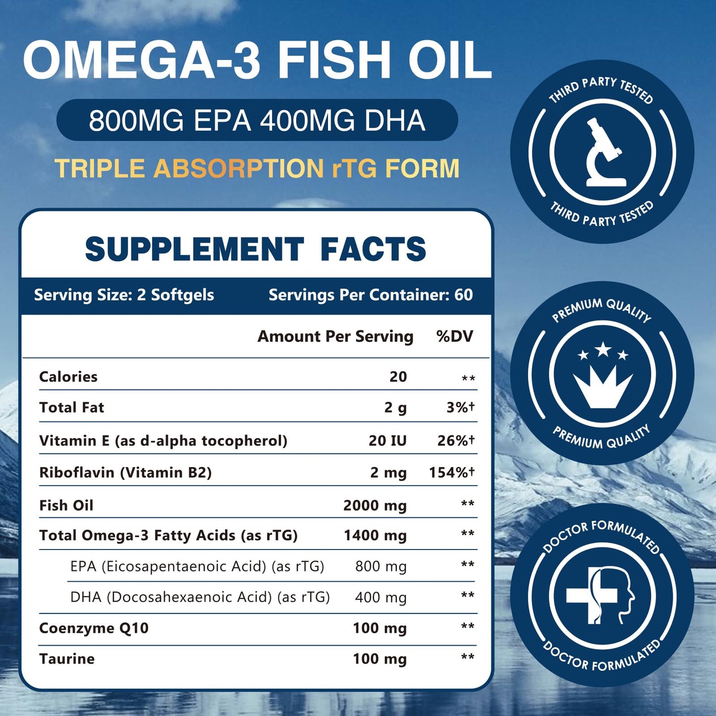 ZEBORA Omega-3 Fish Oil 2000mg Softgels, 120 Count