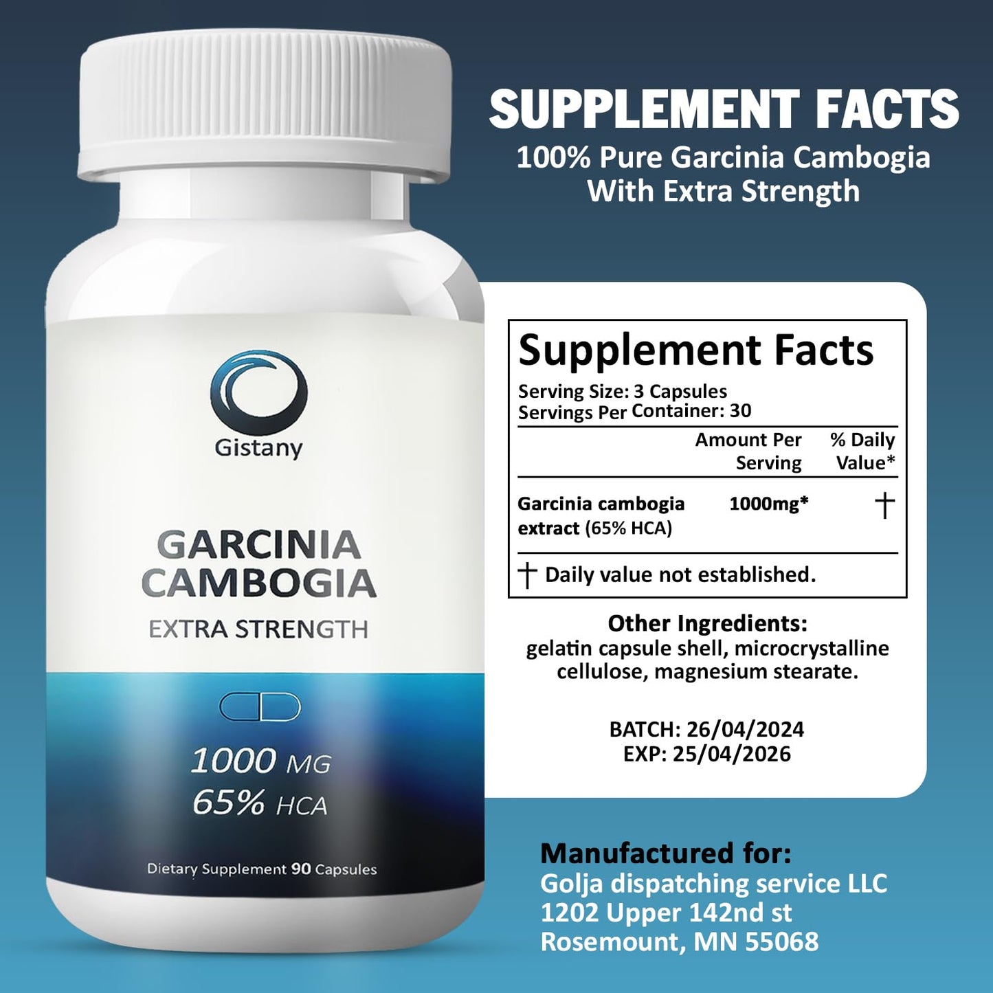 Gistany Extra Strength 65% HCA Pure Garcinia Cambogia Natural Weight Loss Pills, Appetite Control Pill Dietary Supplement for Both Men and Women 90 Capsules