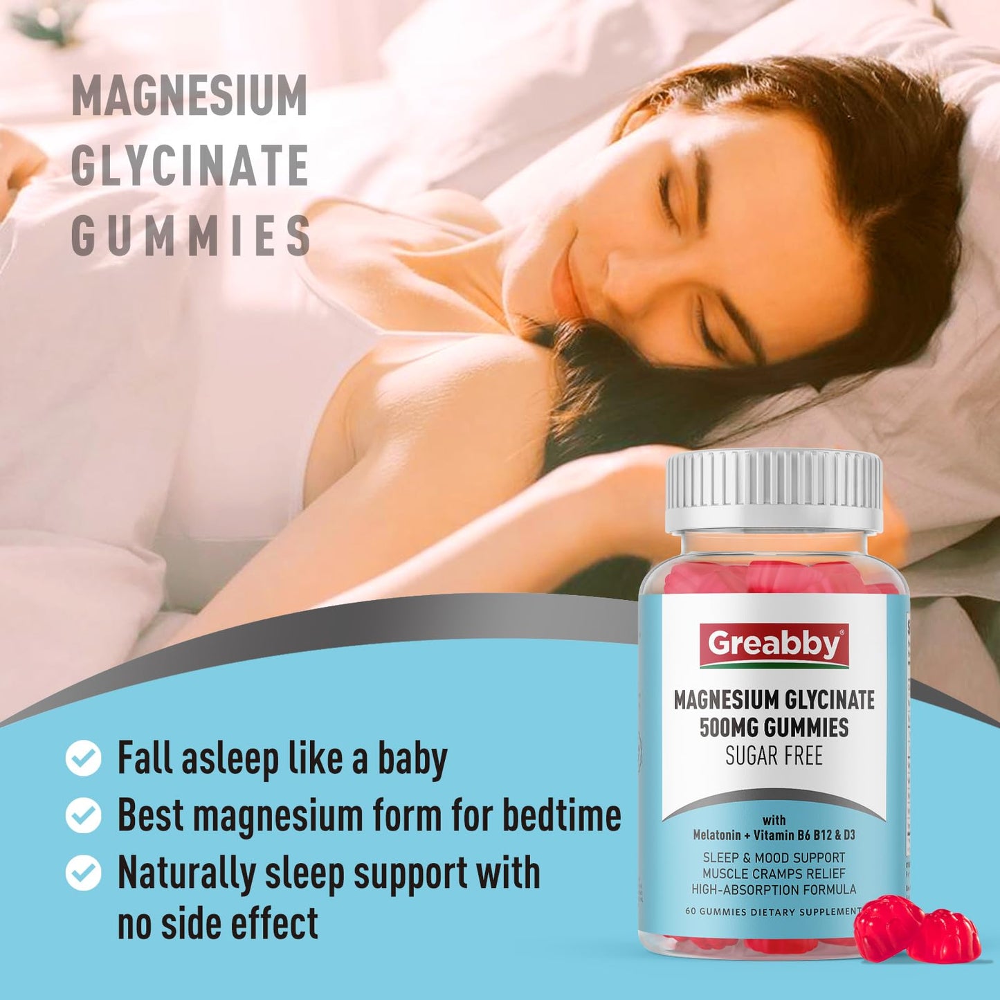 GREABBY Magnesium Glycinate Gummies 500mg for Adults Sleep, 60 Count