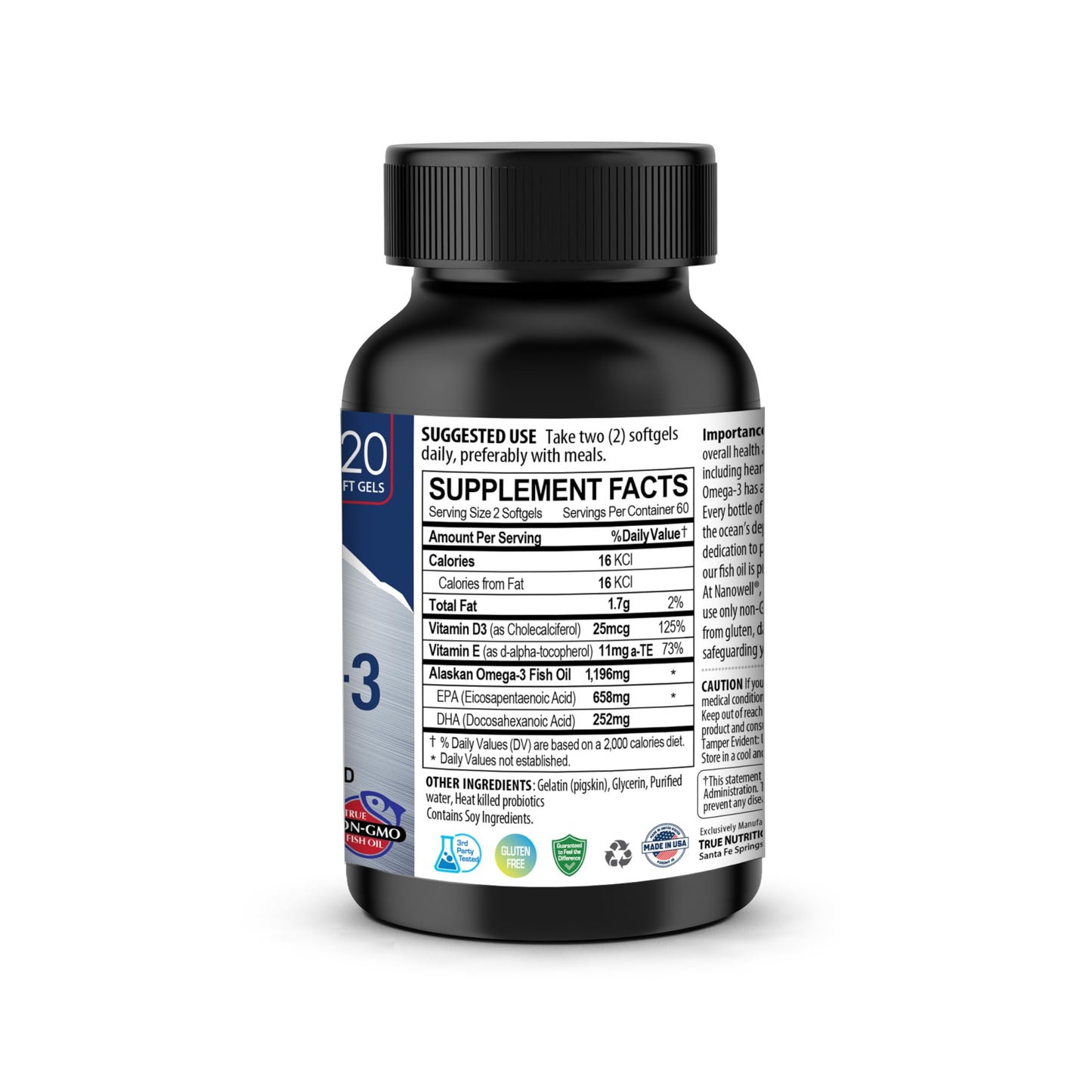 NANOWELL Wild Alaskan rTG Omega-3 Fish Oil 1196mg - EPA, DHA, Vitamin D3 & E Softgels 120