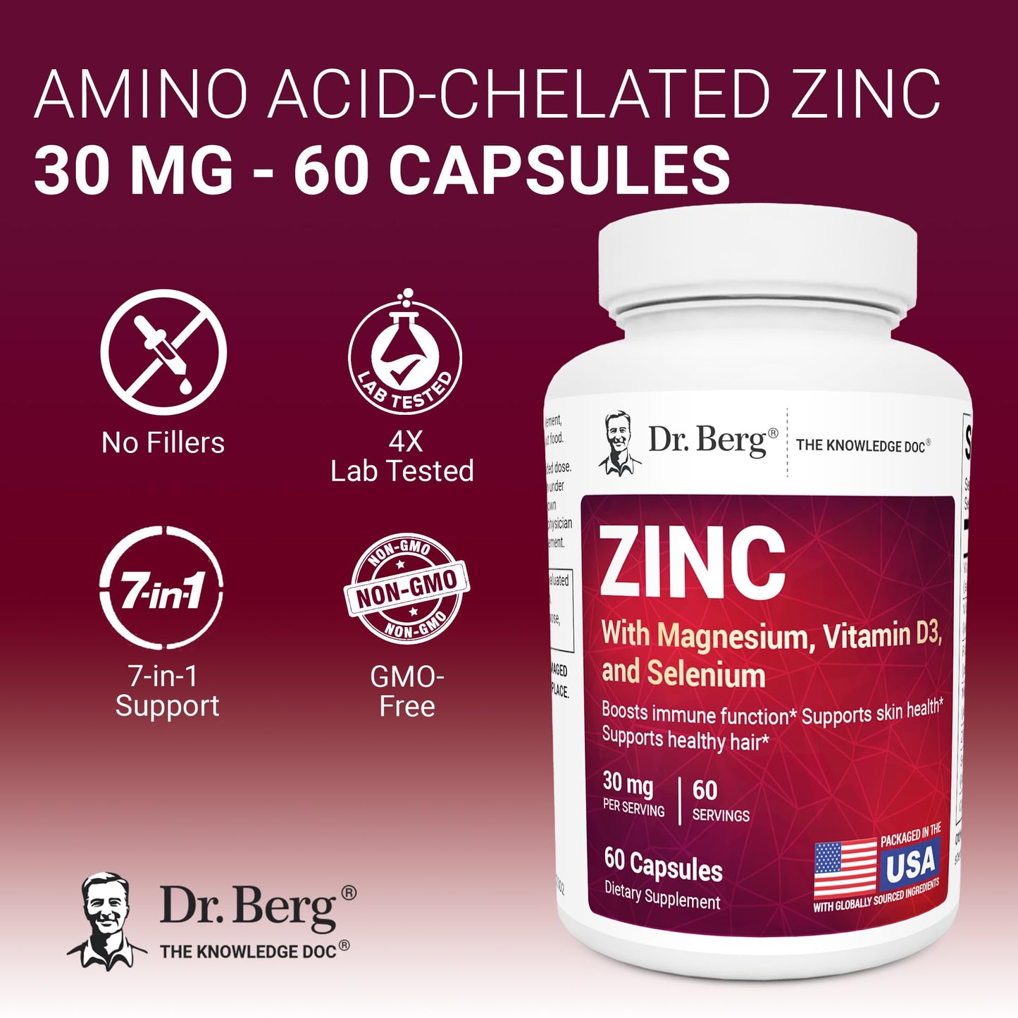 Dr. Berg Nutritionals Zinc 30 mg 7-in-1 Immune Support Formula – Chelated Zinc with Vitamin D & Selenium for Healthy Skin, Hair & Daily Wellness – No Fillers, 4X Tested Capsules, 60 Count