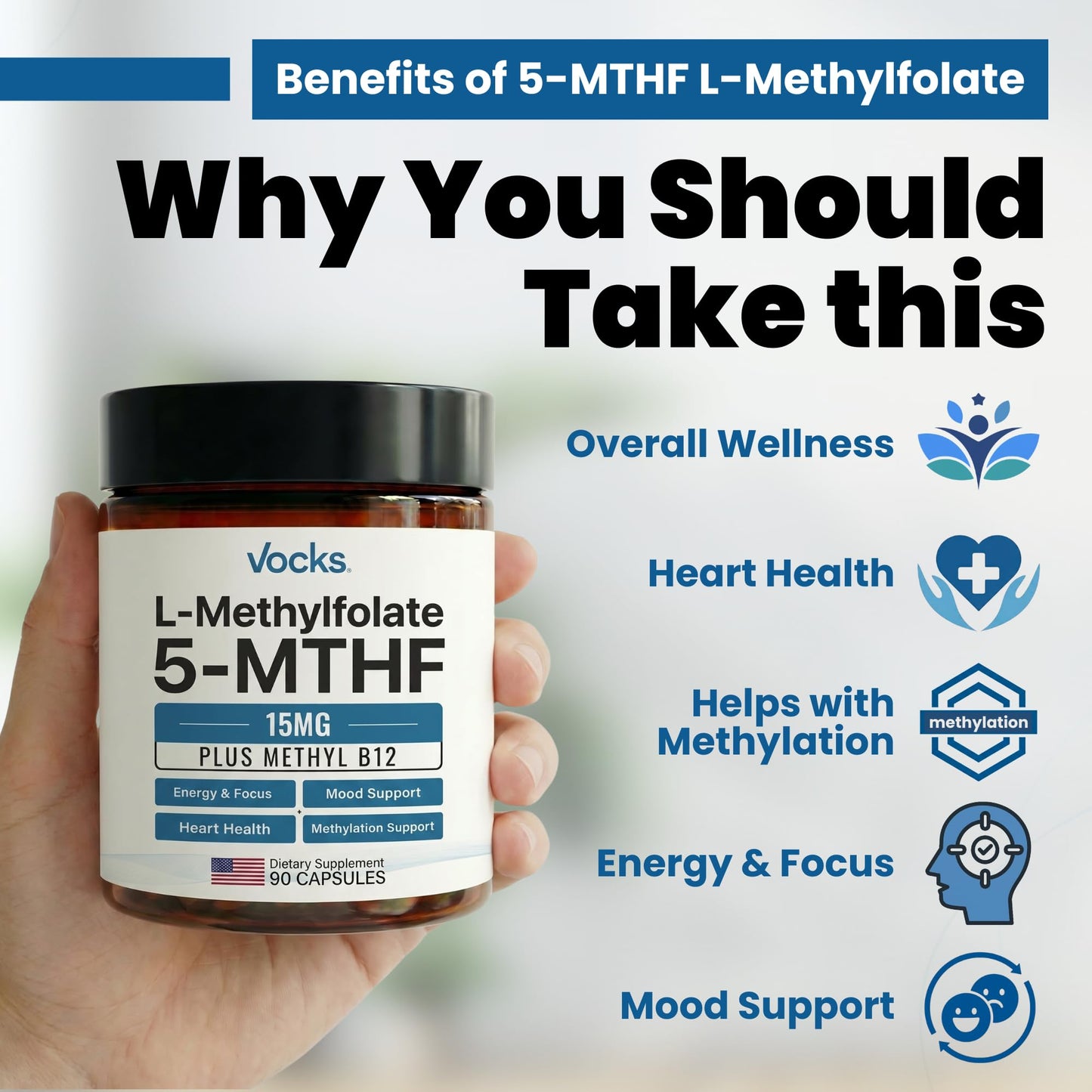 Vocks L Methylfolate 15mg 5-MTHF + Methyl B12 High Potency Methylfolate Supplement, Active Methylated Folate Vitamin B9, 90 Capsules