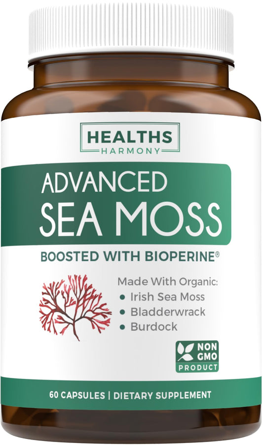 Healths Harmony Organic Irish Sea Moss Capsules with Bladderwrack, Burdock Root & Black Pepper Extract, 60 Capsules