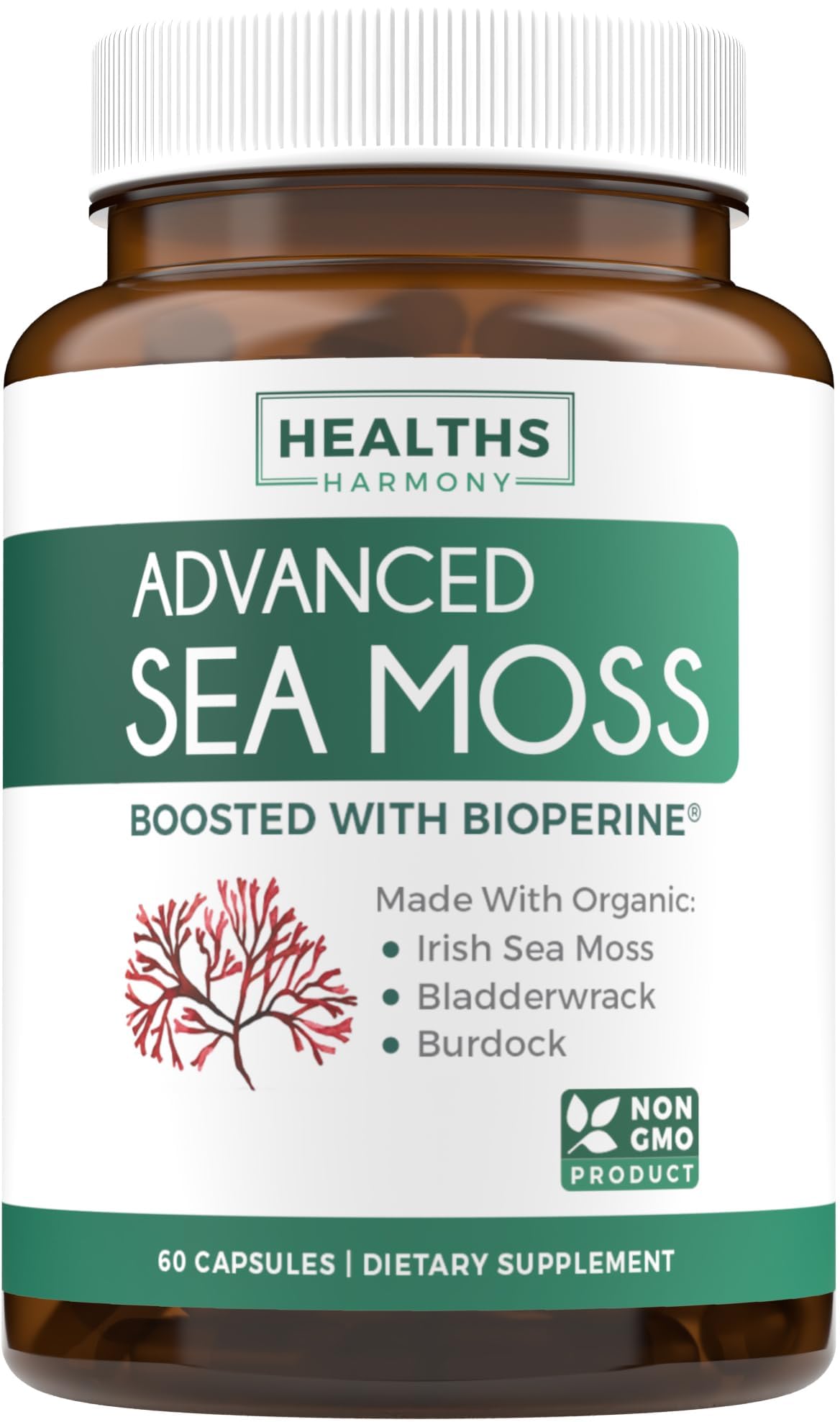 Healths Harmony Organic Irish Sea Moss Capsules with Bladderwrack, Burdock Root & Black Pepper Extract, 60 Capsules