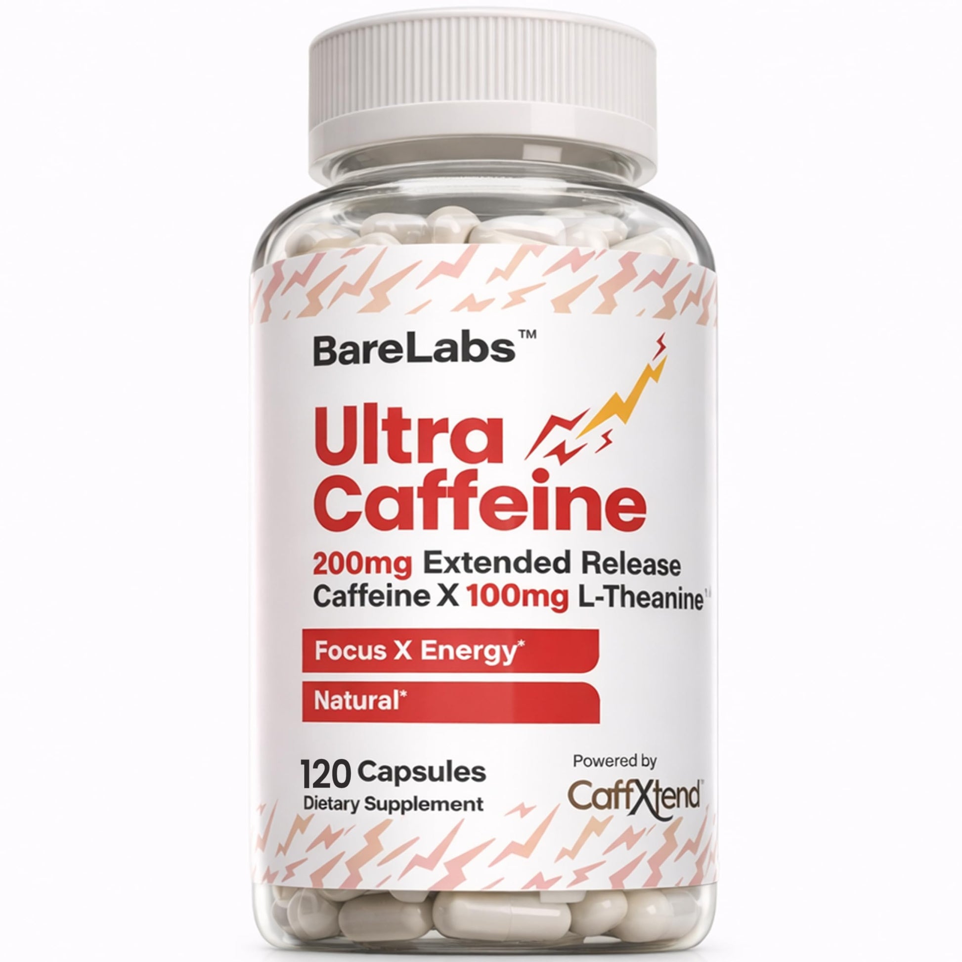 BareLabs Extended Release Caffeine Pills + Caffeine L-Theanine + Focus & Energy Supplement + No Jitters, No Crash + Natural - 120 Capsules