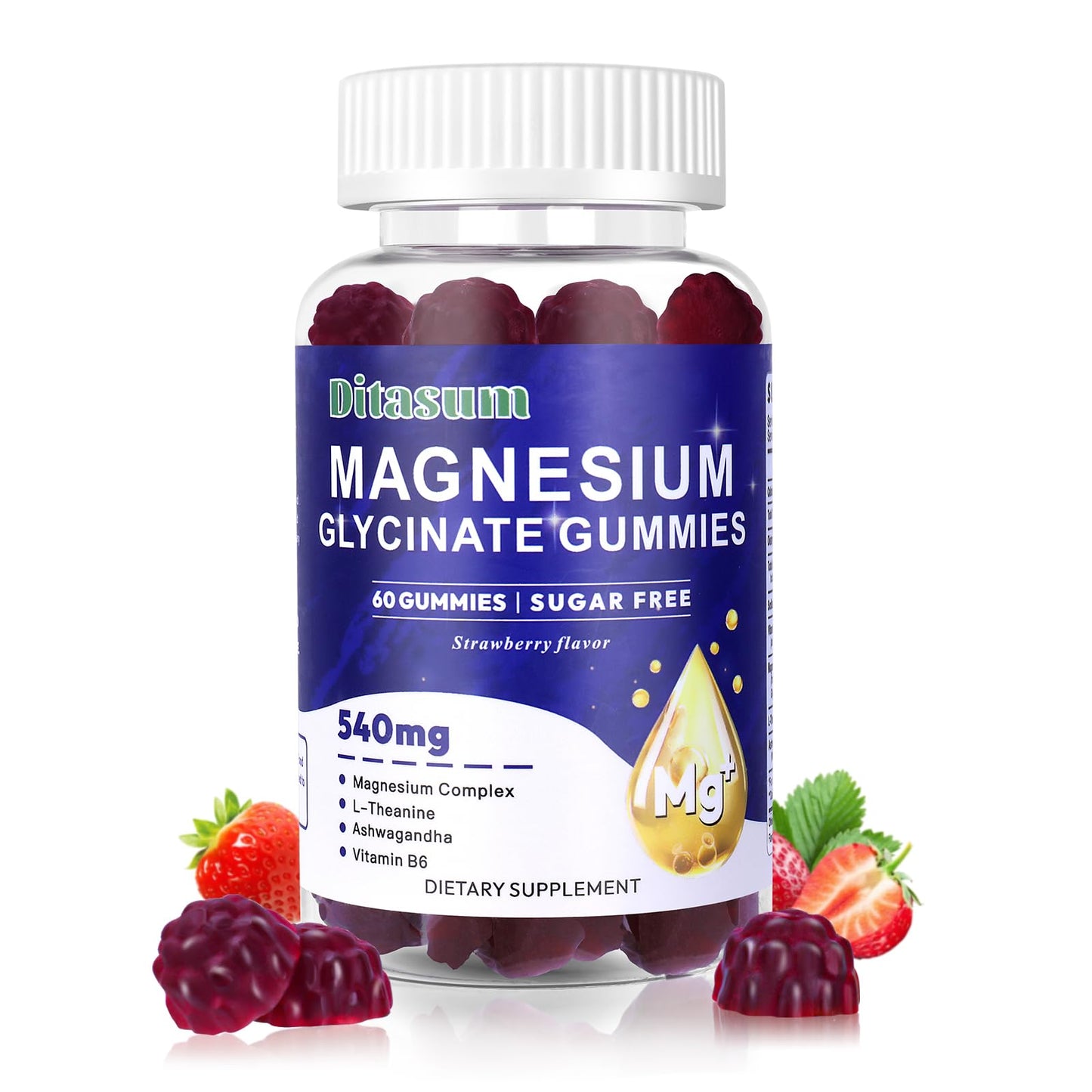Ditasum Magnesium Glycinate Gummies With L-Threonate, Vitamin B6, Ashwagandha 540mg per Serving, Sugar Free, Vegan, Strawberry Flavor, 60 Gummies