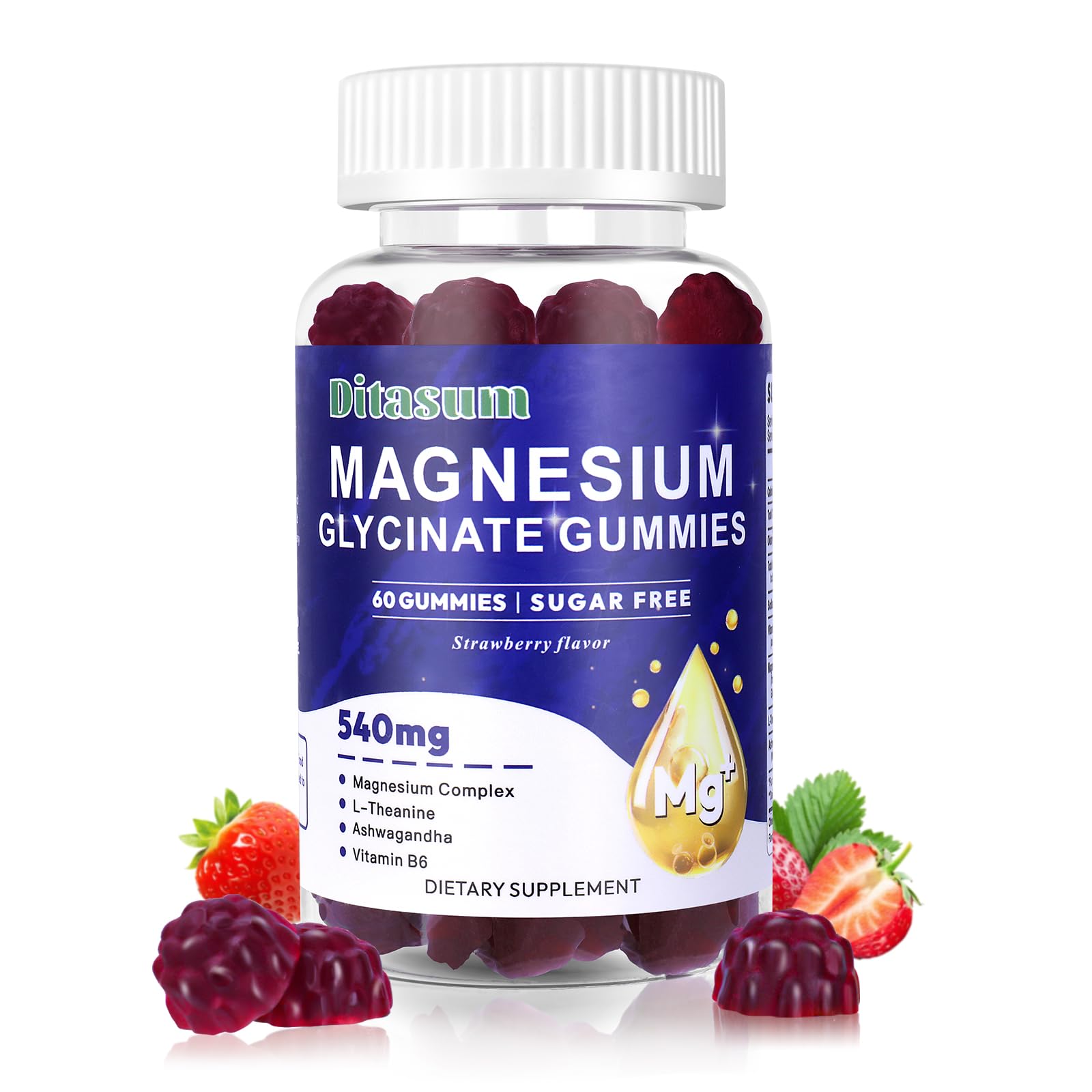 Ditasum Magnesium Glycinate Gummies With L-Threonate, Vitamin B6, Ashwagandha 540mg per Serving, Sugar Free, Vegan, Strawberry Flavor, 60 Gummies
