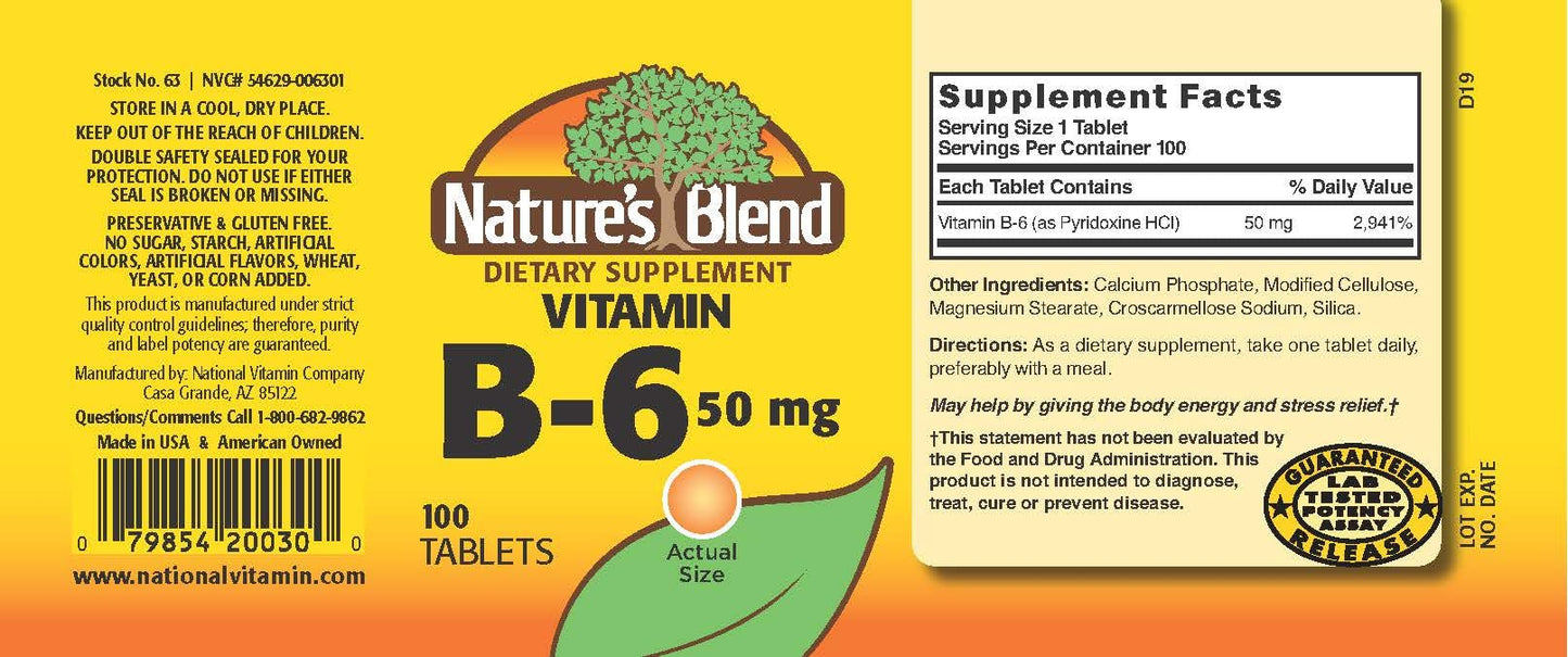 Nature's Blend Vitamin B-6 50mg Tablet, 100 Count