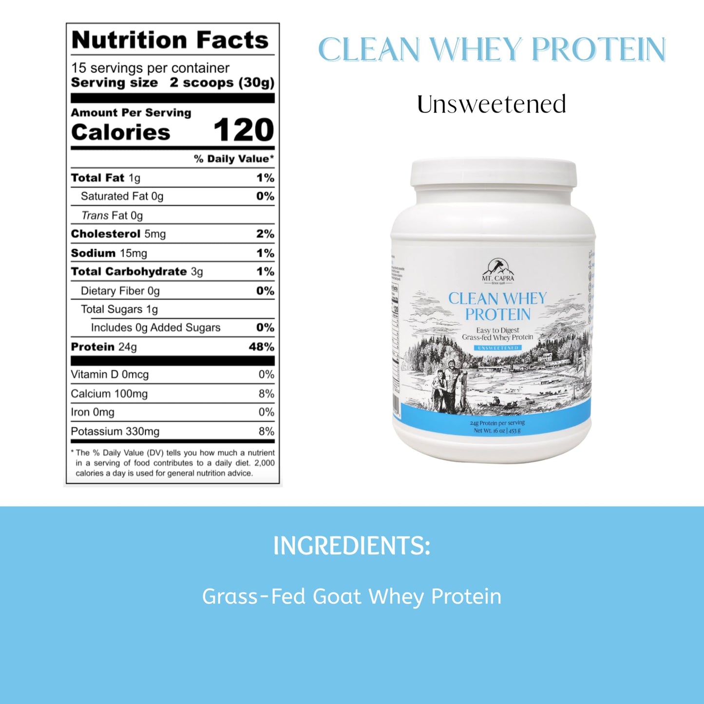 Mt. Capra Clean Whey Protein Powder (Unsweetened) and Clean Whole Protein + Minerals & Probiotics, 30.1