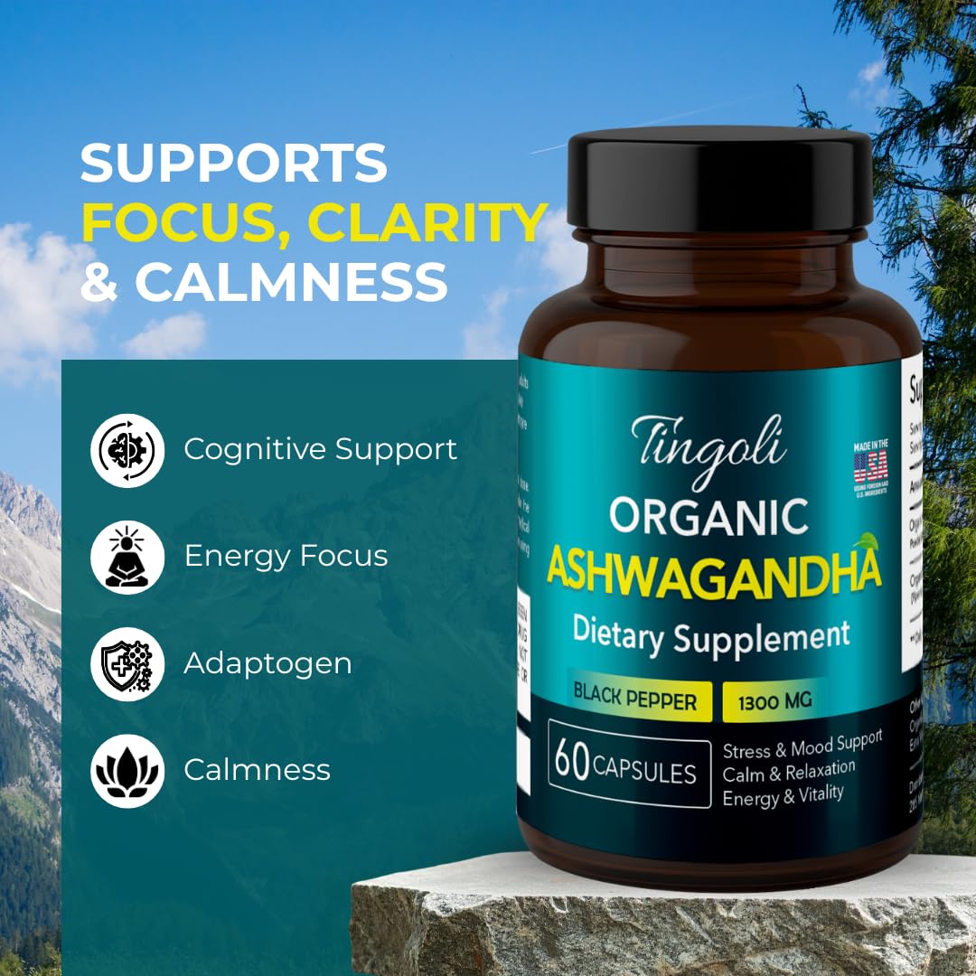 TINGOLI Organic Ashwagandha 1300mg, 60 Capsules