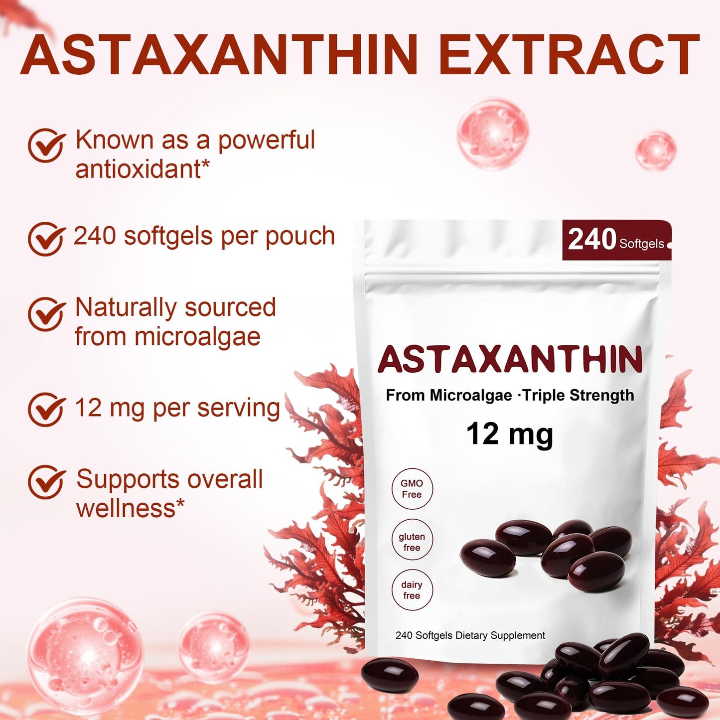 ZEYARUIBO Astaxanthin 12mg Antioxidant Supplements Capsules, 240 Count