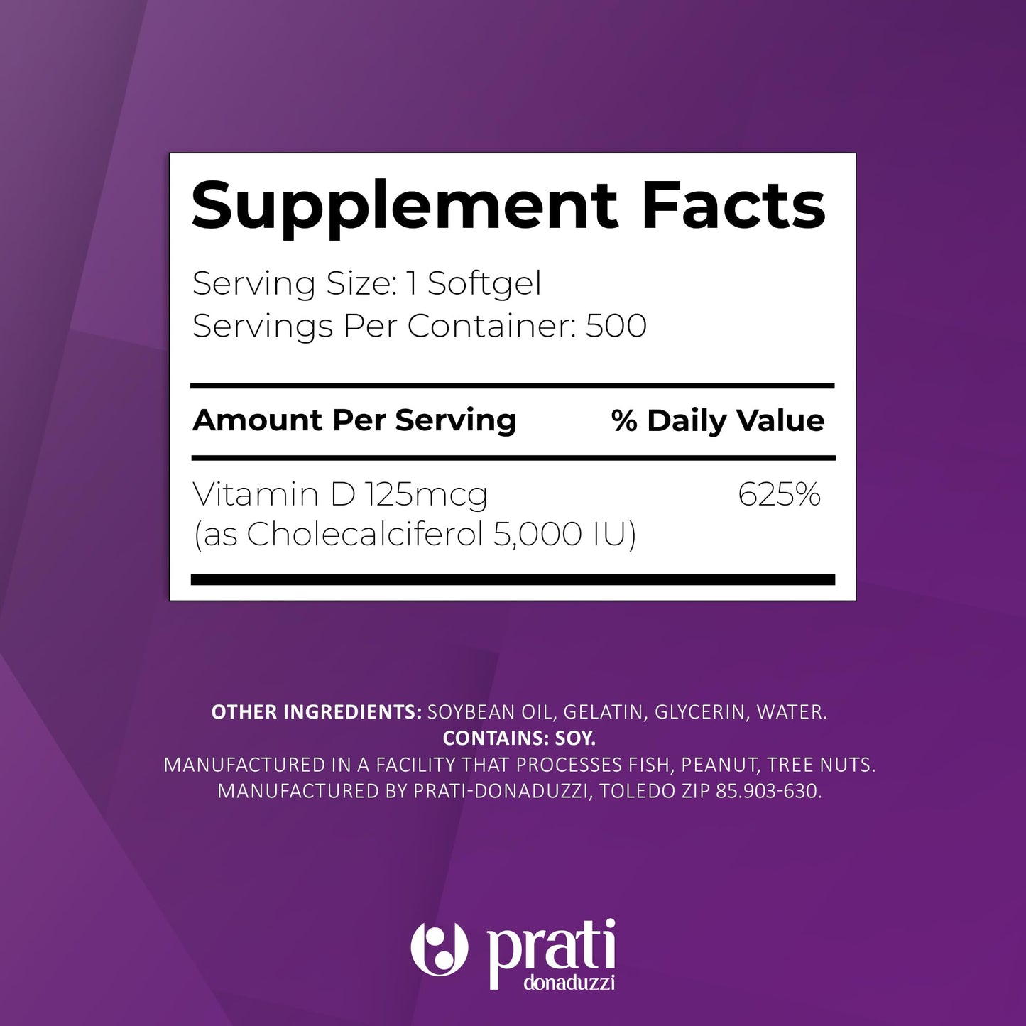 Prati Donaduzzi Vitamin D3 5000 IU (125 mcg) Softgel 500 Count