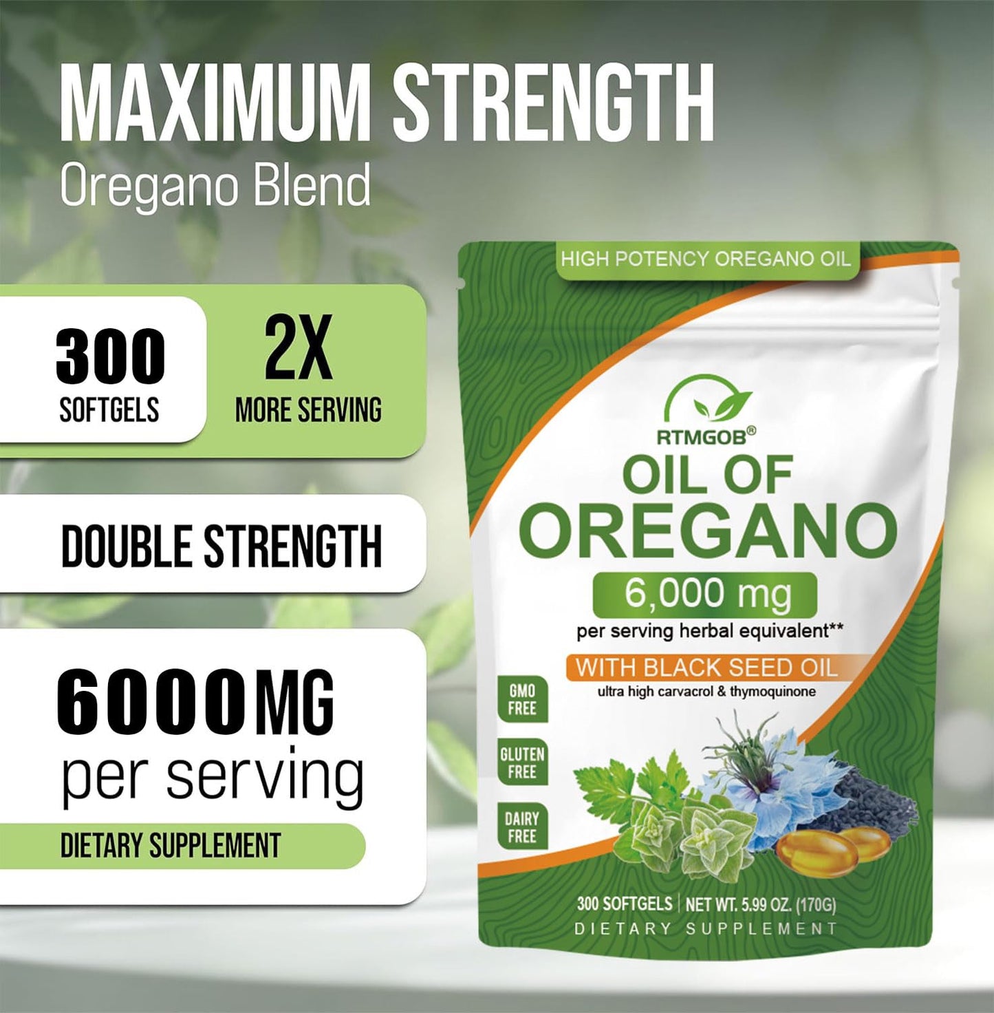 RTMGOB Oil of Oregano Softgels with Black Seed Oil, 300 Softgels