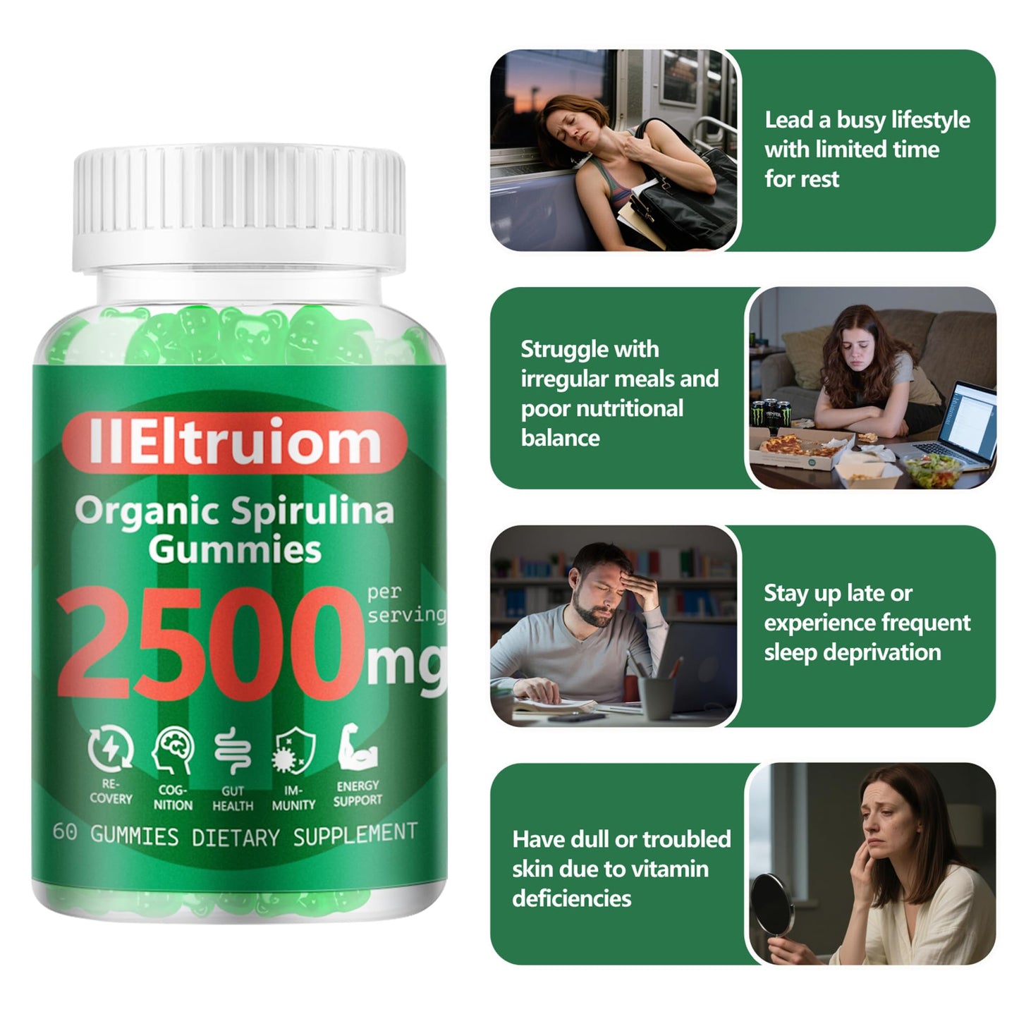 IIEltruiom Super Greens Gummies with Spirulina 2500mg, 13+ Multivitamins 120 Gummies