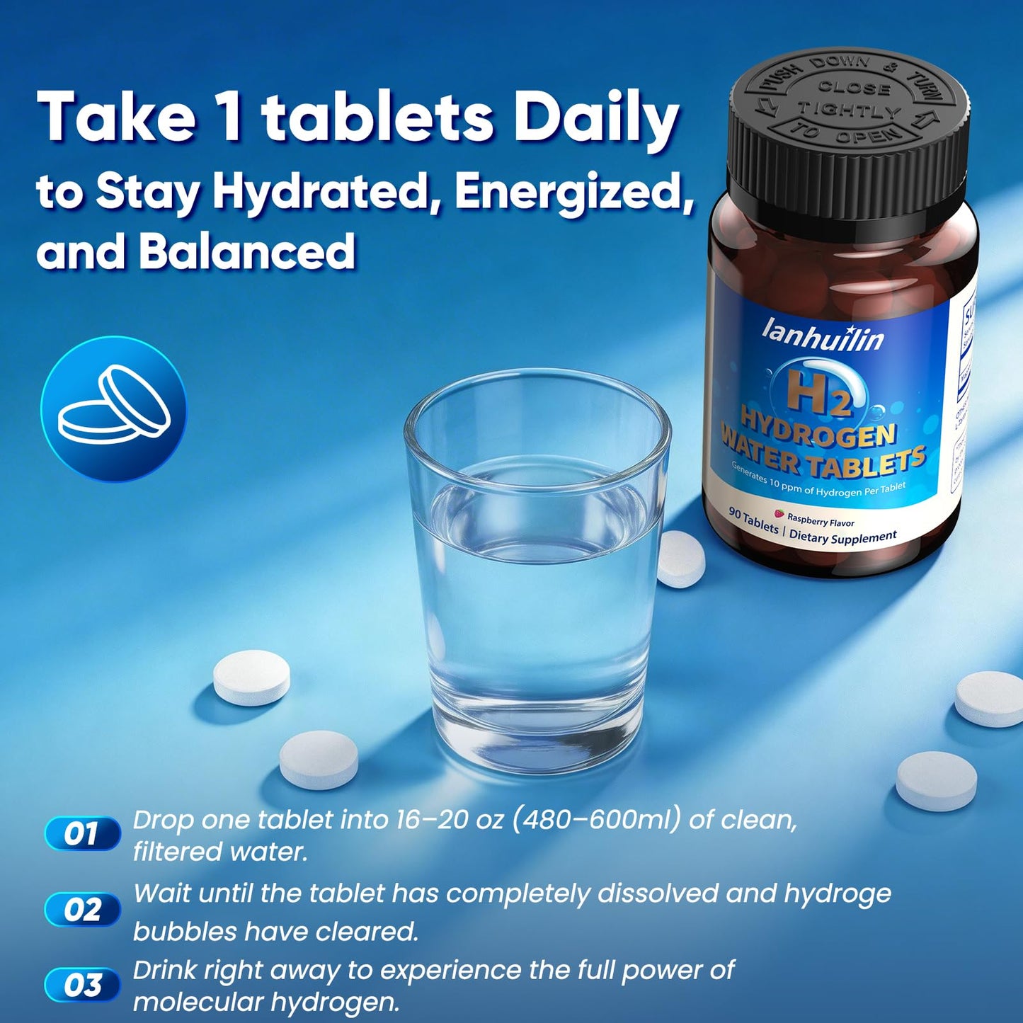 lanhuilin Hydrogen Water with Magnesium 150mg, 10 PPM Molecular Hydrogen for Drinking Water, H2 Hydrogen Water Supplement for Brain Health, Raspberry, 90 Tablets