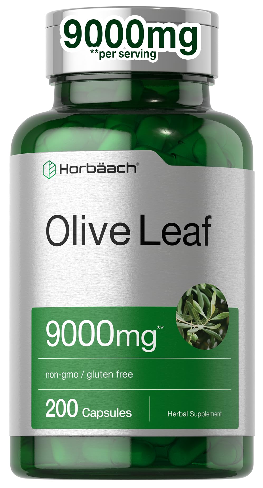 Horbäach Olive Leaf Extract Capsules, 200 Count