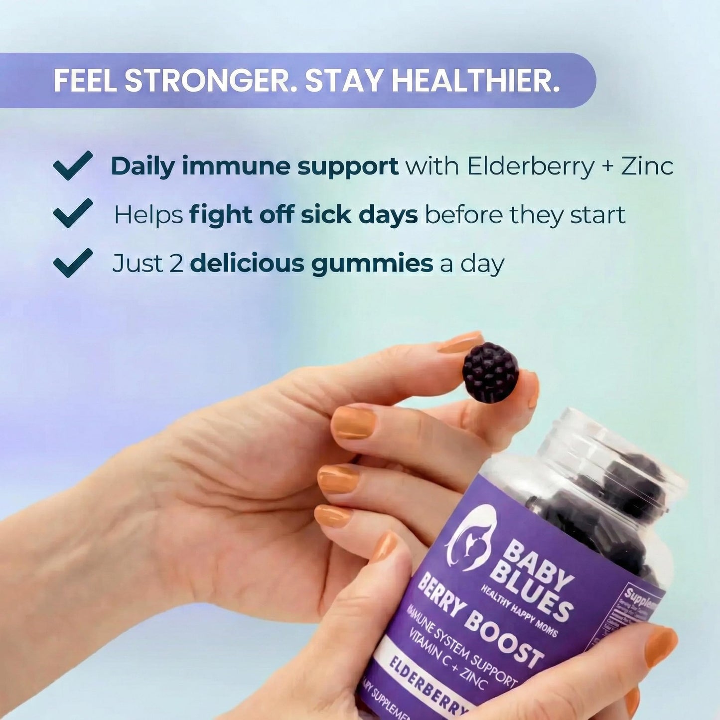 Baby Blues Berry Boost Elderberry Gummies for Women, Postnatal Immune Support with Vitamin C and Zinc, 60 Count