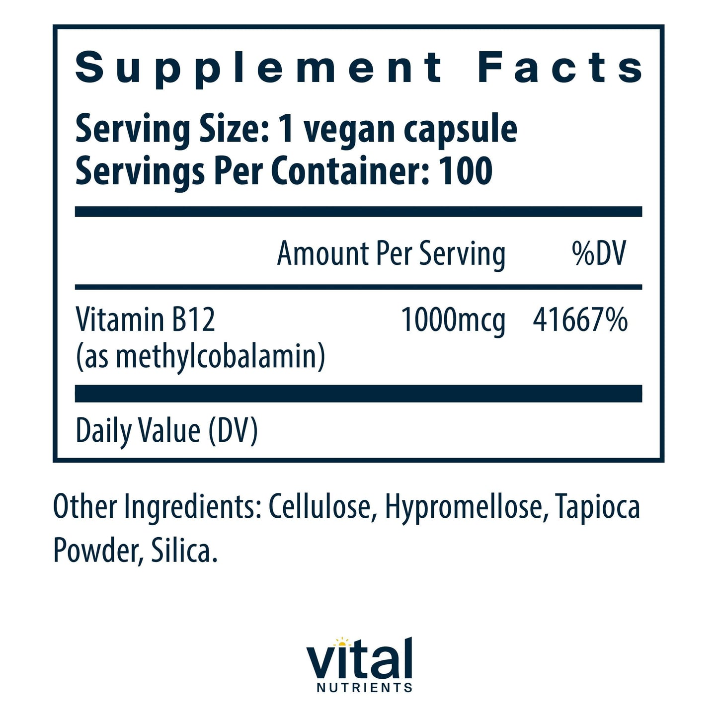Vital Nutrients Vitamin B12 1000mcg Methylcobalamin for Metabolism, Cognitive & Nervous System Health* - Vegan - High-Potency B12 Supplement - Gluten, Dairy, Soy Free - 100 Capsules