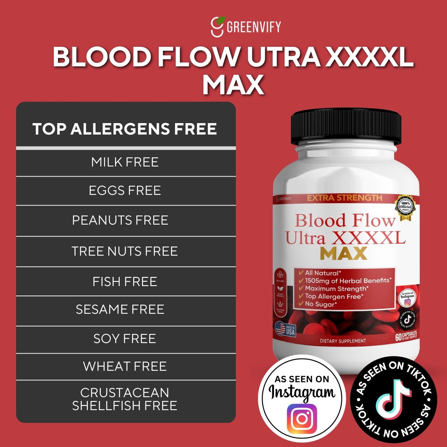 GREENVIFY Blood Flow Ultra XXXL Max Extra Strength Maca Root Complex Capsules, 60 Count