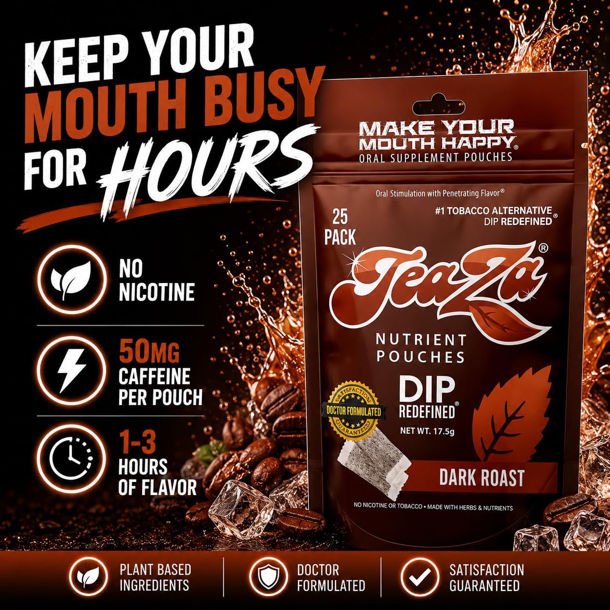 TeaZa Energy Pouches Dark Roast Chewables 25 Count