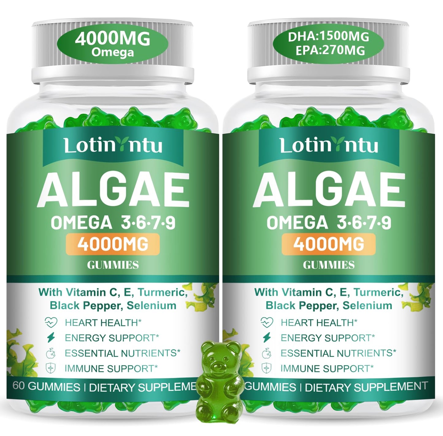 LotinYntu Algae Omega 3 Gummies 4000mg DHA 1500mg & EPA 270mg, Vitamin C, E, Turmeric, Black Pepper & Selenium, Supports Heart, Brain & Immune Wellness, 120 Gummies