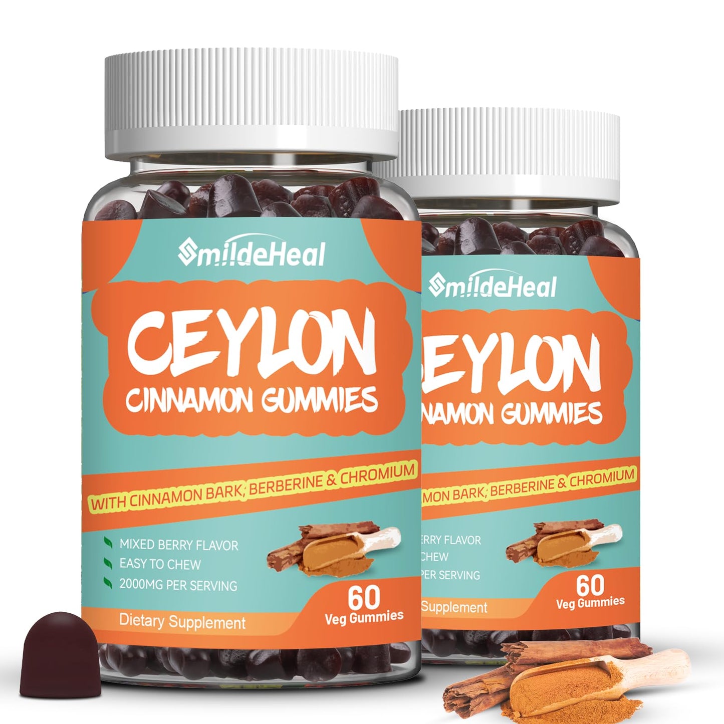 SmildeHeal Ceylon Cinnamon Gummies, Sugar Free, 2000mg, with Chromium and Cinnamon Bark, Vegan, Non-GMO, Gluten Free, 120 Gummies