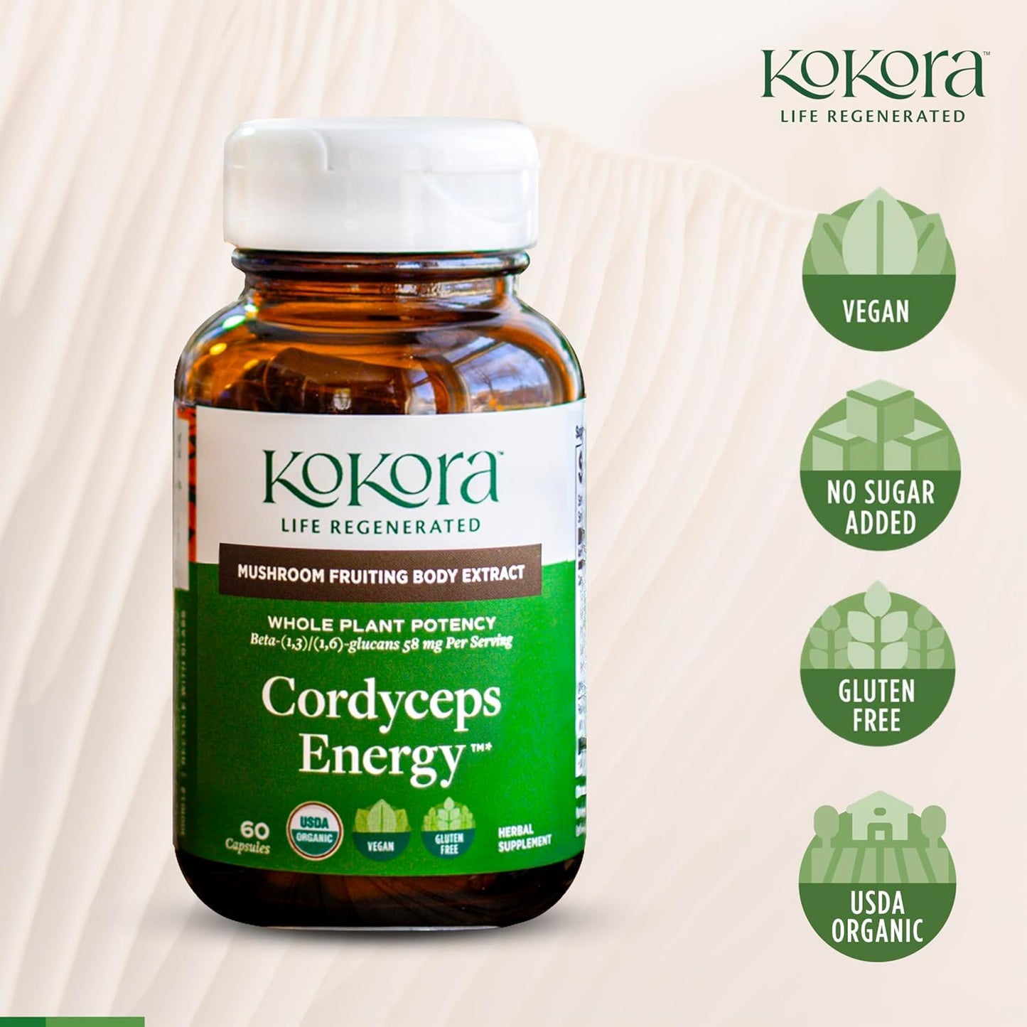 kokora Cordyceps Energy Organic Adaptogenic Mushroom Supplement Capsule 60 Capsules