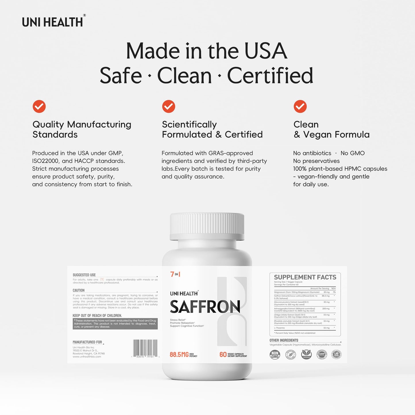 UniHealth Saffron Supplements – 88.5mg Saffron Extract with Ashwagandha, Made in USA 7-in-1 Herbal Supplement – Mood, Focus, Sleep, Weight, Heart & Eye Health for Kids, Adult Vegan, Non-GMO 60 Capsules