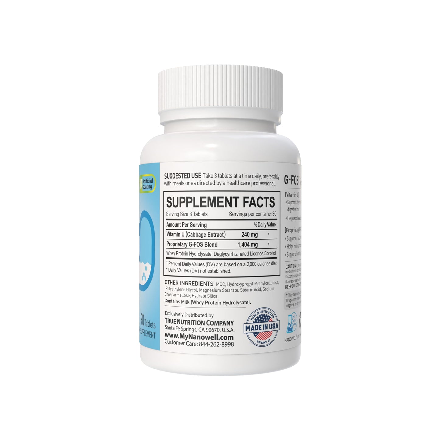 NANOWELL G-FOS Digestive Health Supplement, Vitamin U Tablets, 180 Tablets