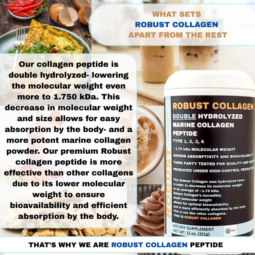 Generic Robust Collagen Double Hydrolyzed Marine Collagen Peptide Type 1-4, Extra Low Molecular Weight for Superb Bioavailability, Kosher Certified (OU), Powder, 11 oz