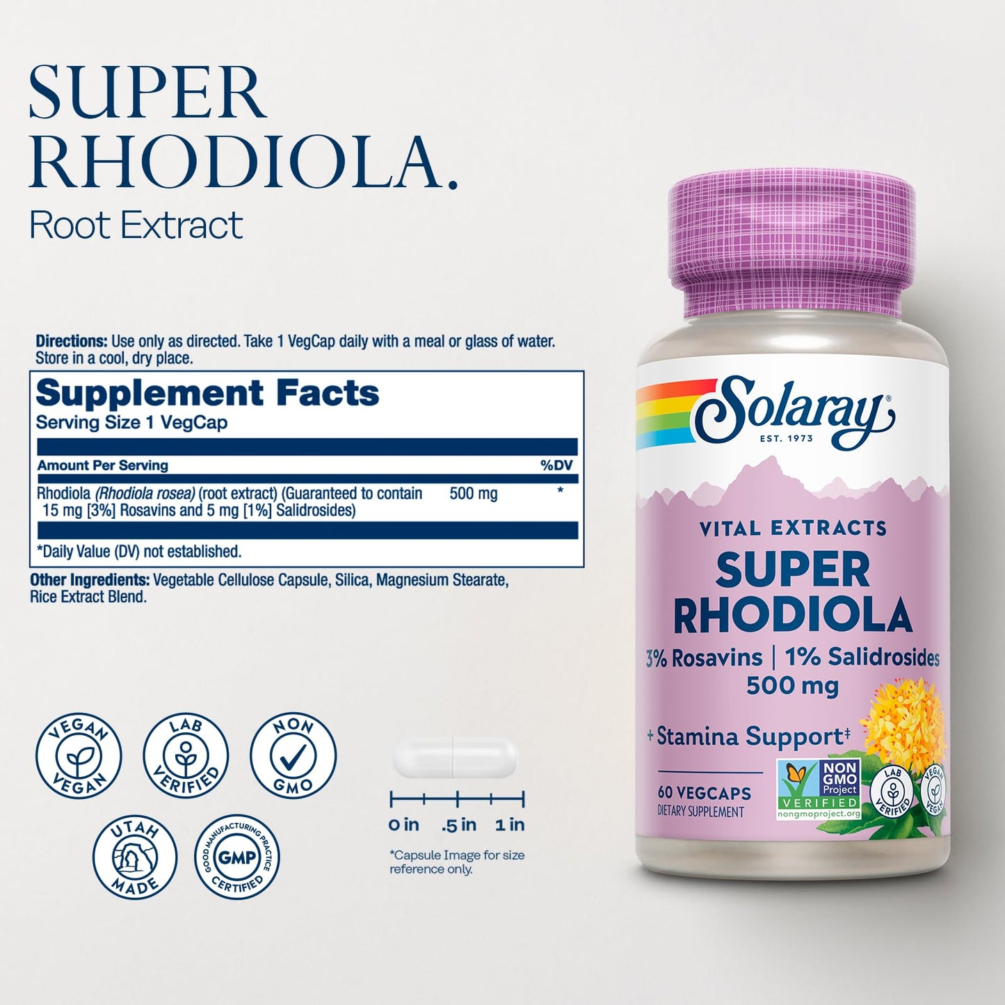 Solaray Rhodiola Rosea Root Extract Supplement 500mg Capsule, 60 Count