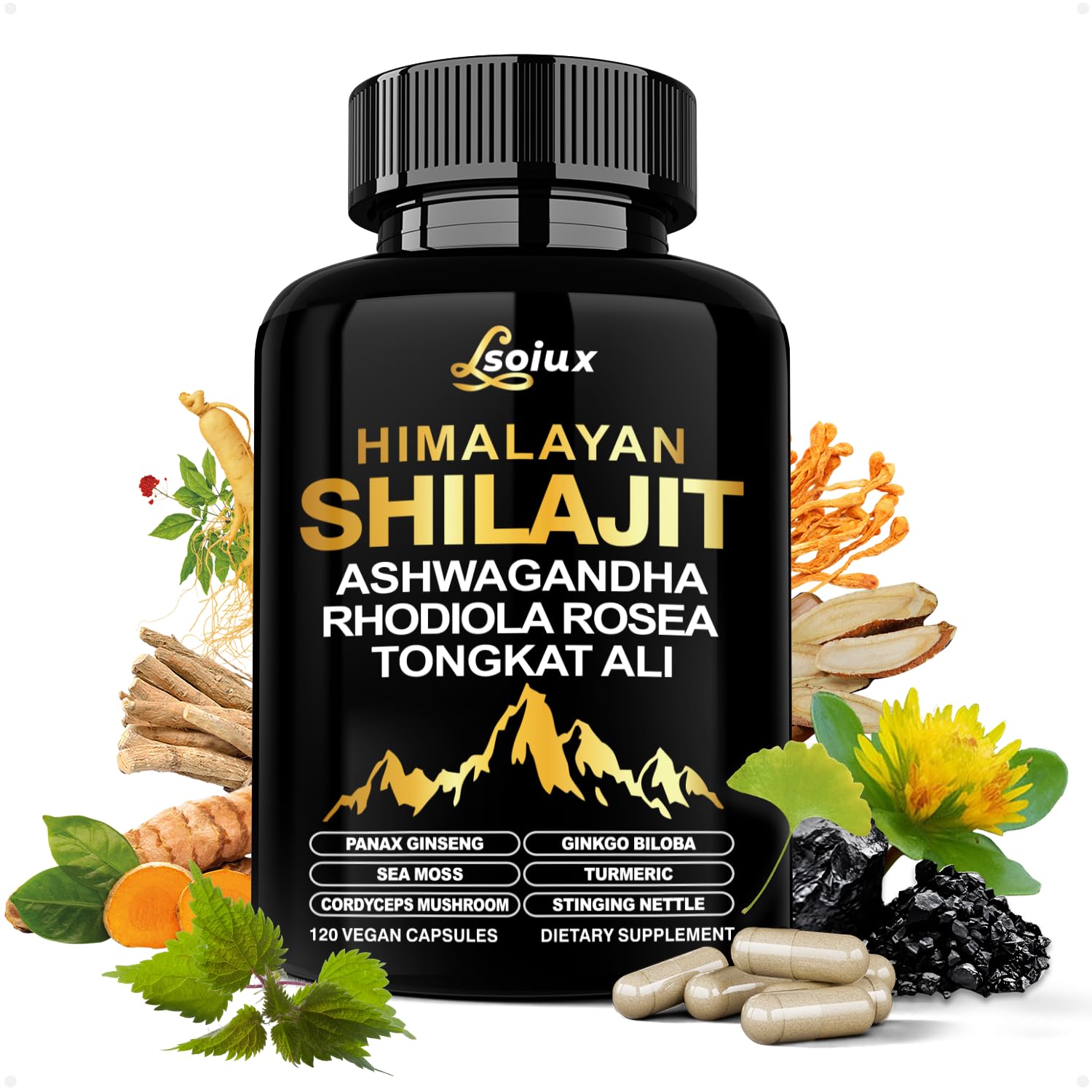 LSOIUX Shilajit Capsules 10-in-1 Himalayan Shilajit with Organic Ashwagandha, Rhodiola Rosea & Tongkat Ali, 120 Capsules
