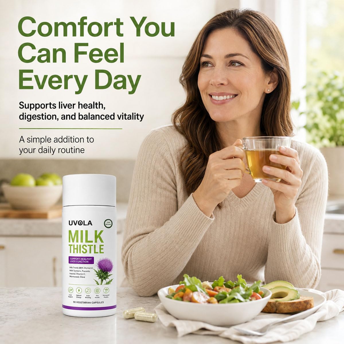 Vuiea Natural Milk Thistle Supplement 80% Silymarin Capsule, 90 Count