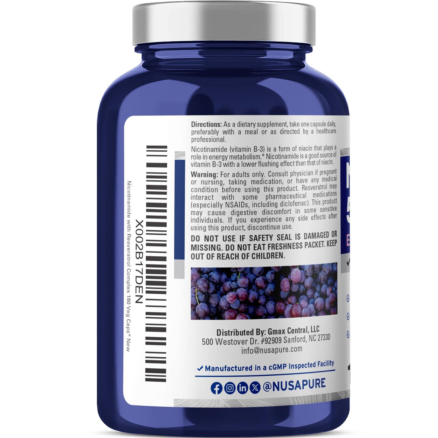 NusaPure Nicotinamide & Vitamin B-3 500mg Capsule, 180 Count