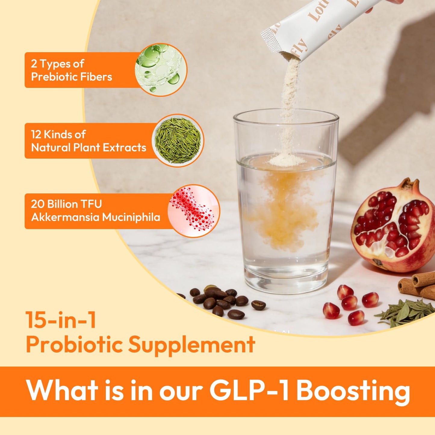 LOTFLY GLP-1 Supplement 15-in-1 Complex Probiotic Powder, Appetite Suppressant and Metabolism Booster, 30 Sticks