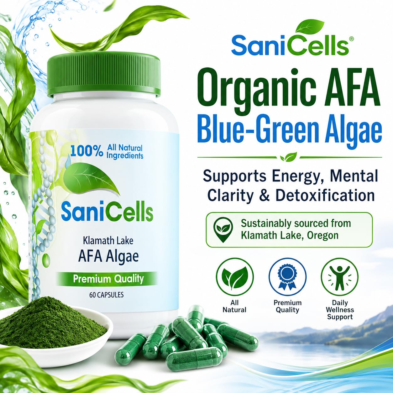TROYA Sani Cells AFA Blue-Green Algae Capsules 60 Count