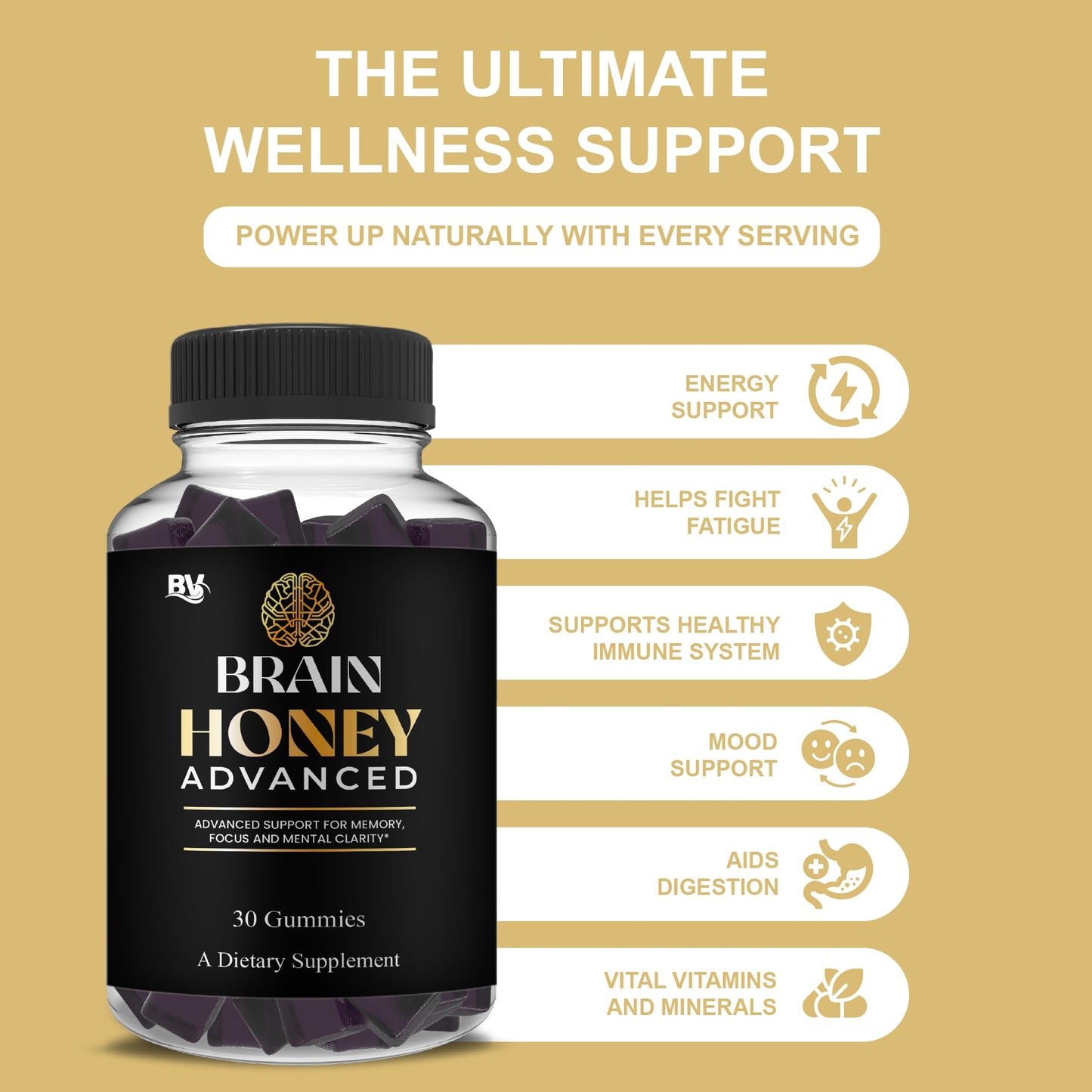 BLUE VIBE Brain Honey Advanced Nootropic Support Supplement Gummy, 30 Count