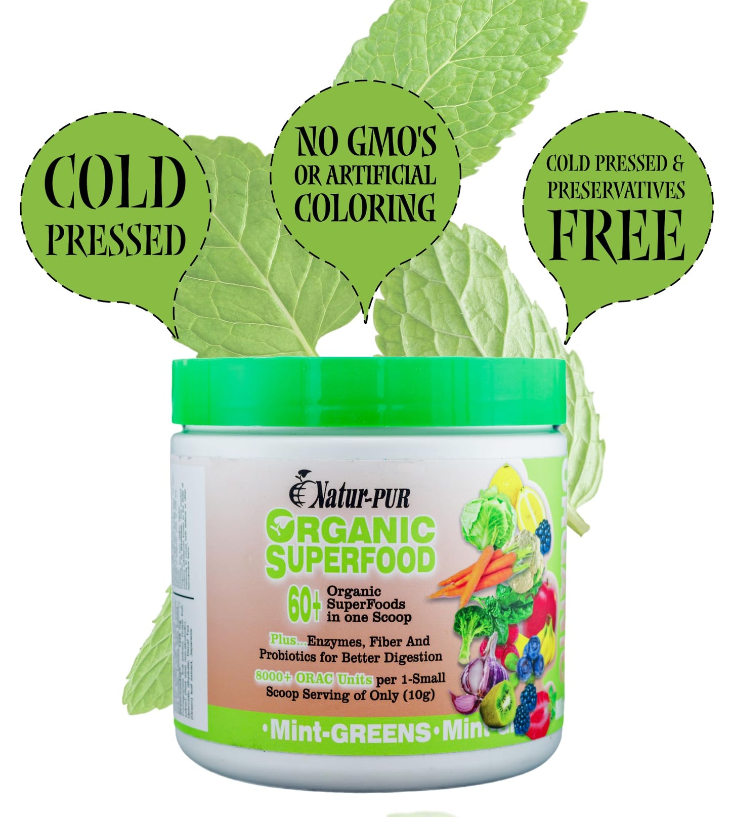 Natur-Pur Organic Superfood Fruit and Veggies Supplement – Organic Greens Greens Superfood Powder, Mint, 10.6 oz