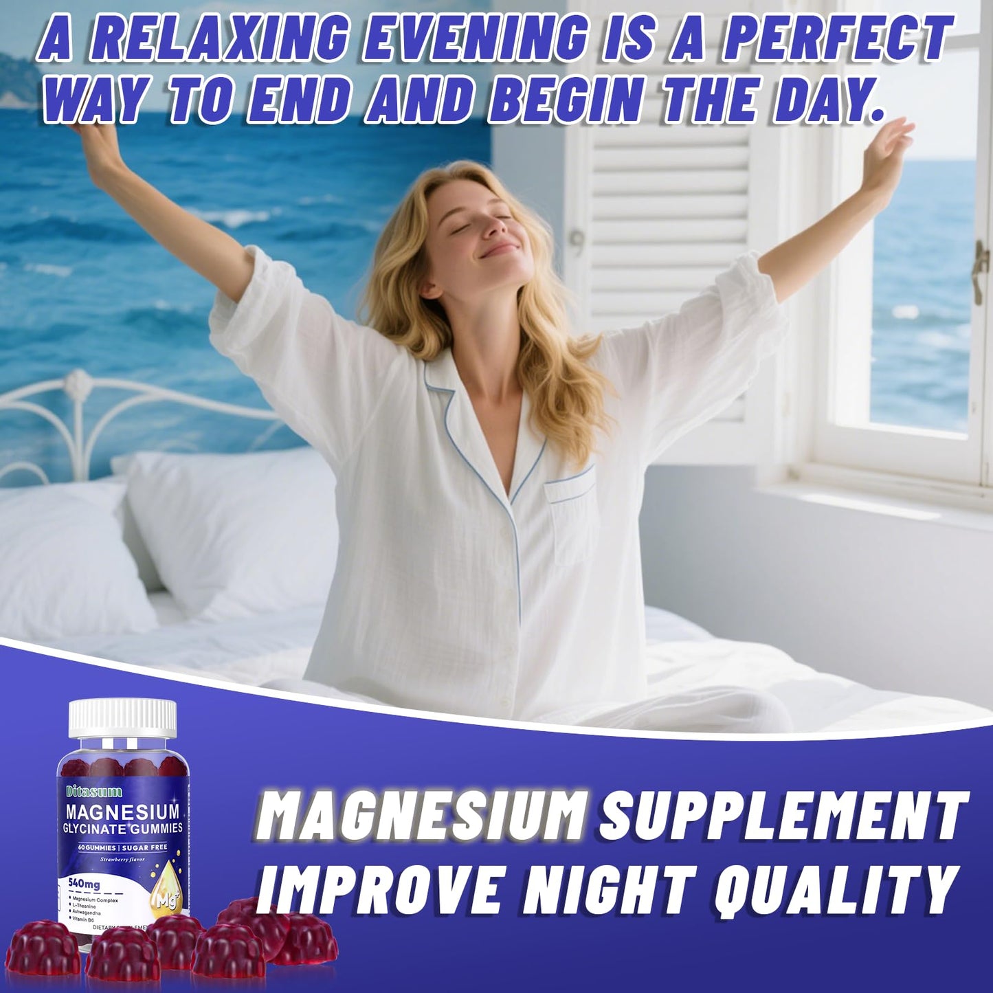 Ditasum Magnesium Glycinate Gummies With L-Threonate, Vitamin B6, Ashwagandha 540mg per Serving, Sugar Free, Vegan, Strawberry Flavor, 60 Gummies