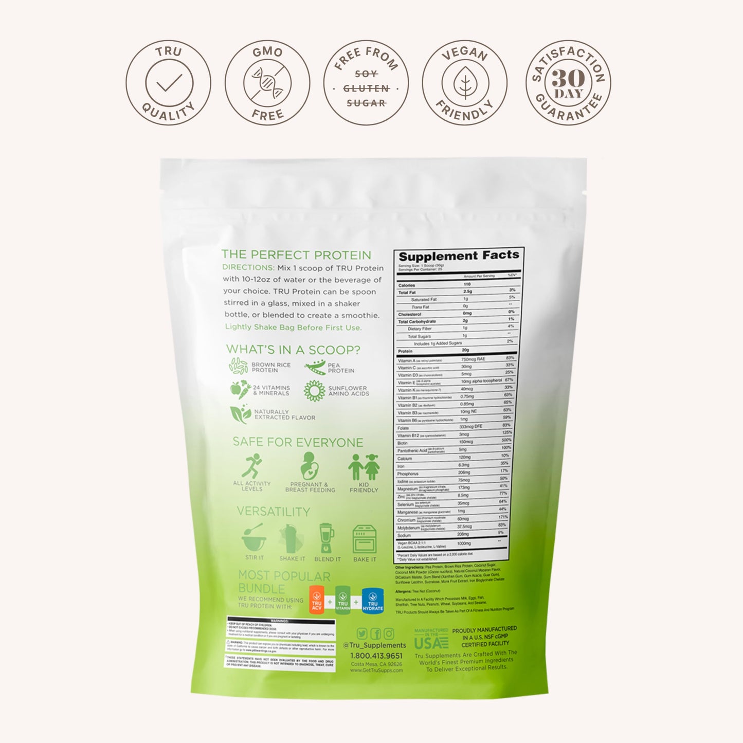 TRU Supplements Plant Based Protein Powder, BCAA & EAA, Vegan Brown Rice & Pea Protein, 25 Servings, 1.65 lb, Coconut Macaron
