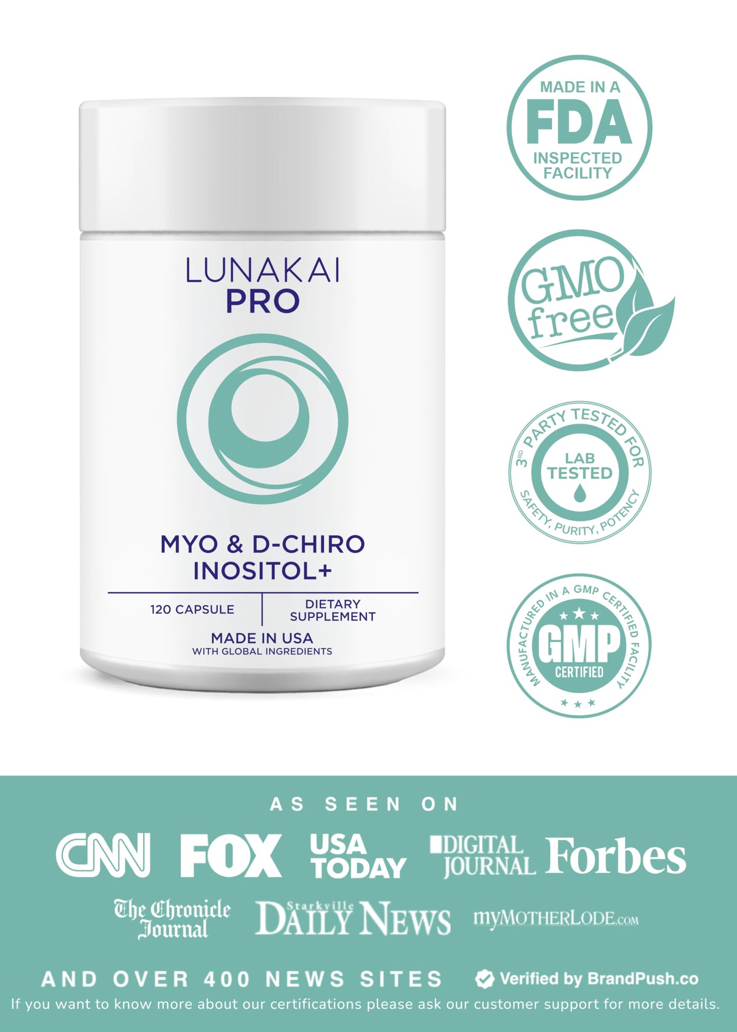 Lunakai PRO Clinically Studied USA Made Myo-Inositol & D-Chiro Inositol Supplement for Women - 40:1 Ratio 4000mg with CoQ10 Folate & Vitamin D3 - Daily Hormone Balance & Ovarian Support, 120 Capsules