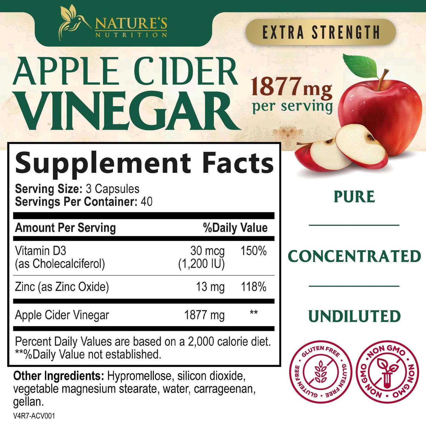 Nature's Nutrition Apple Cider Vinegar Capsules, 120 Count
