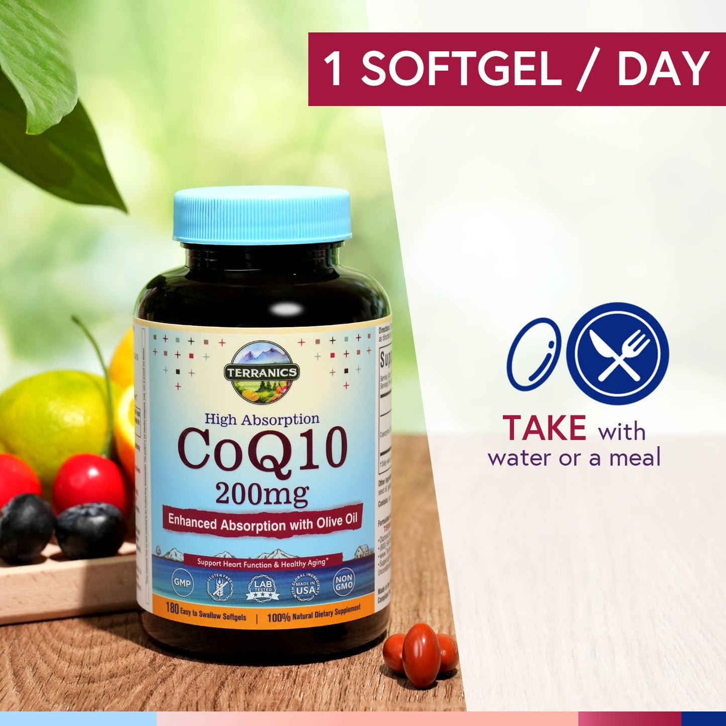 Terranics CoQ10 200mg Coenzyme Q10 with Extra Virgin Olive Oil Softgels, 180 Count