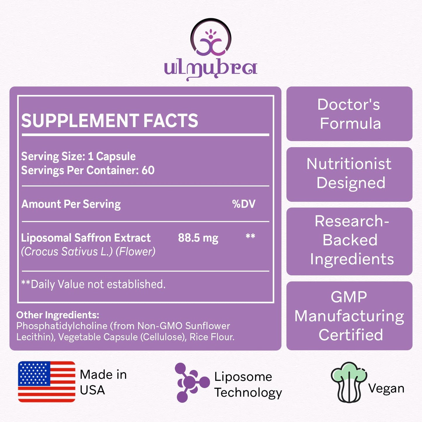 Ulmubra Liposomal Saffron Capsules 88.5 mg, Maximum Absorption, 100% Pure Saffron Extract, 60 Vegan Capsules